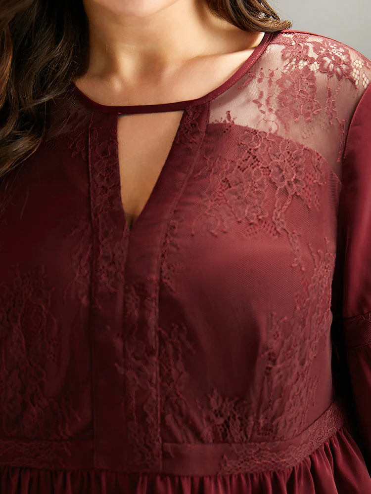 Anti-Wrinkle Keyhole Crochet Lace Mesh Ruffles Blouse - Image 6
