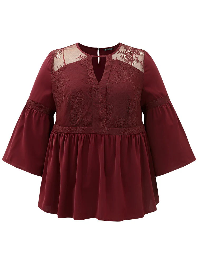 Anti-Wrinkle Keyhole Crochet Lace Mesh Ruffles Blouse - Image 7