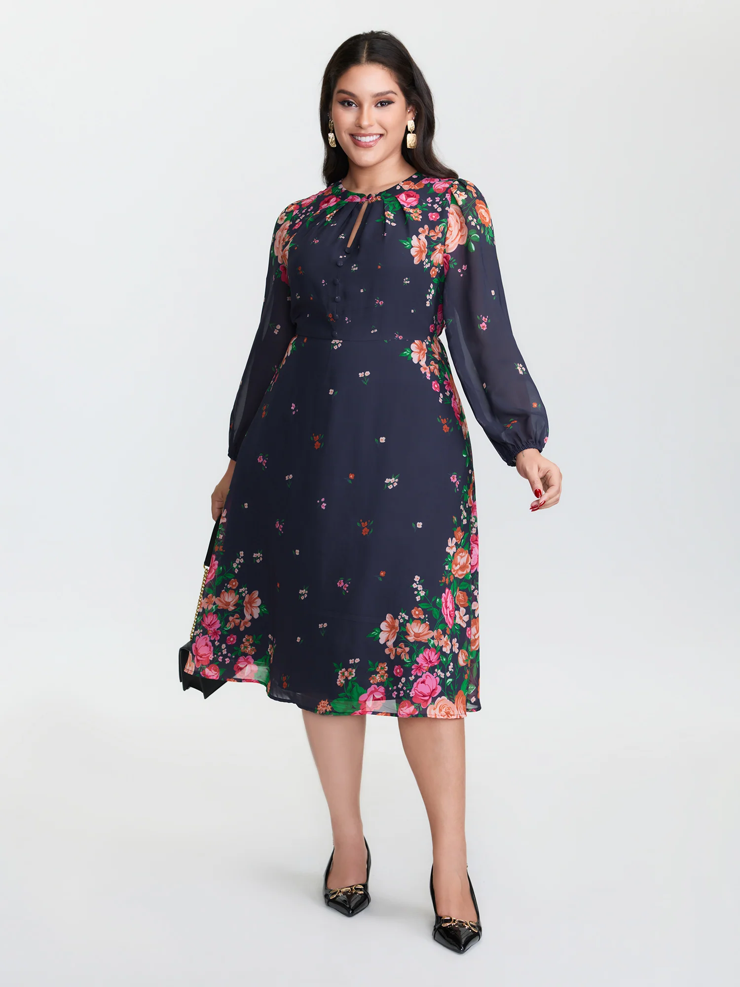 Keyhole Neckline Floral Print Midi Dress - Image 2