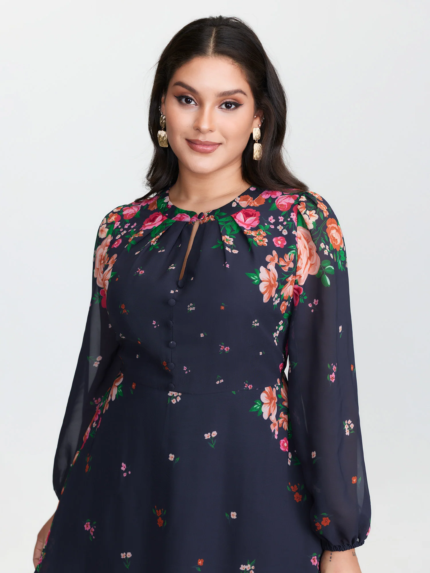 Keyhole Neckline Floral Print Midi Dress - Image 3