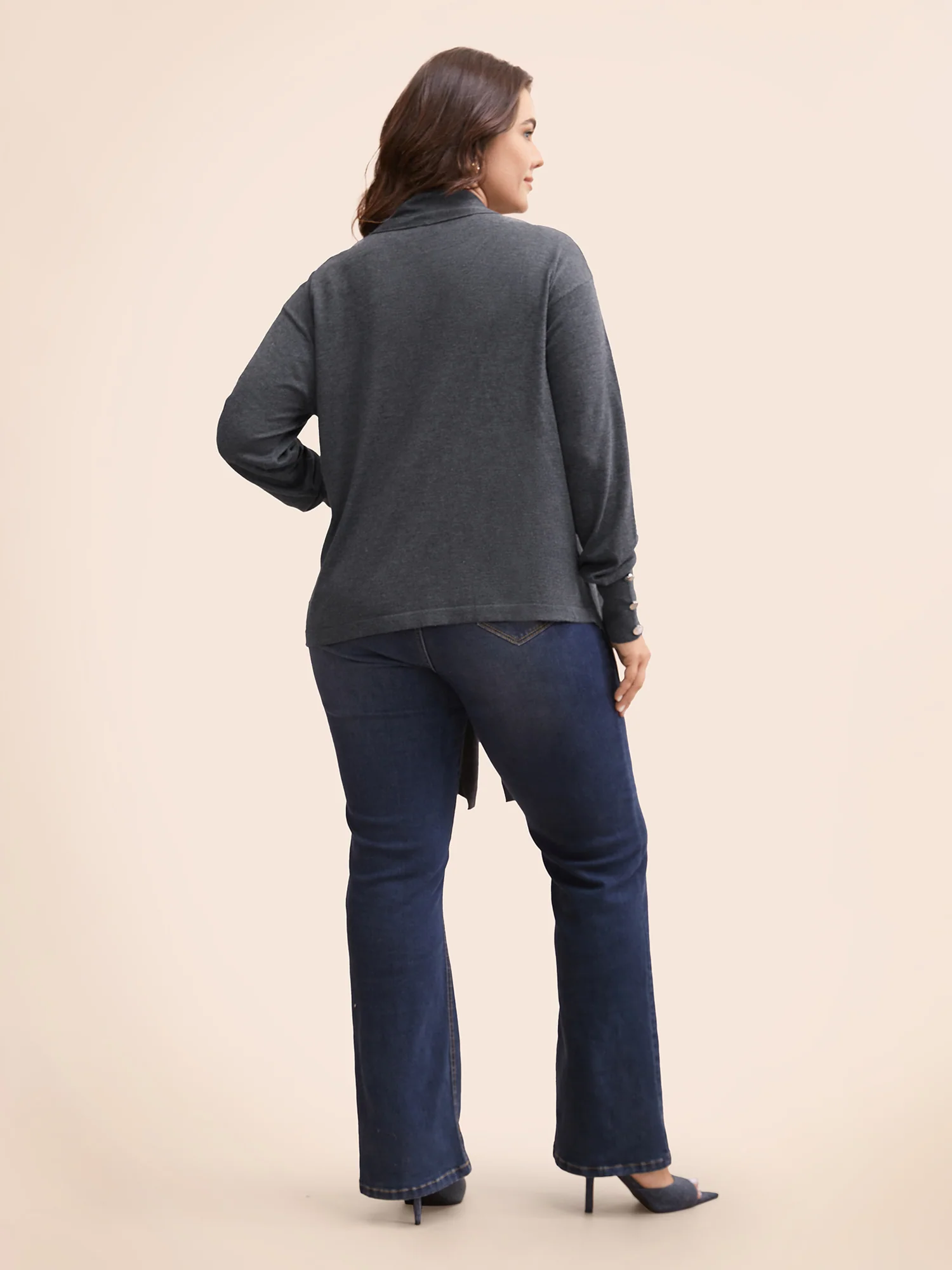 Kimono Collar Button Detail Asymmetrical Hem Cardigan - Image 2