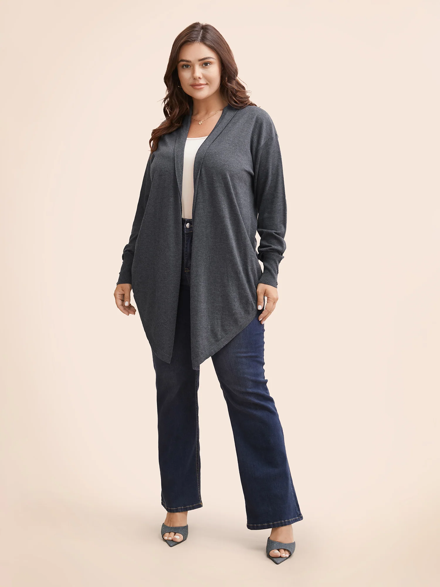 Kimono Collar Button Detail Asymmetrical Hem Cardigan - Image 3
