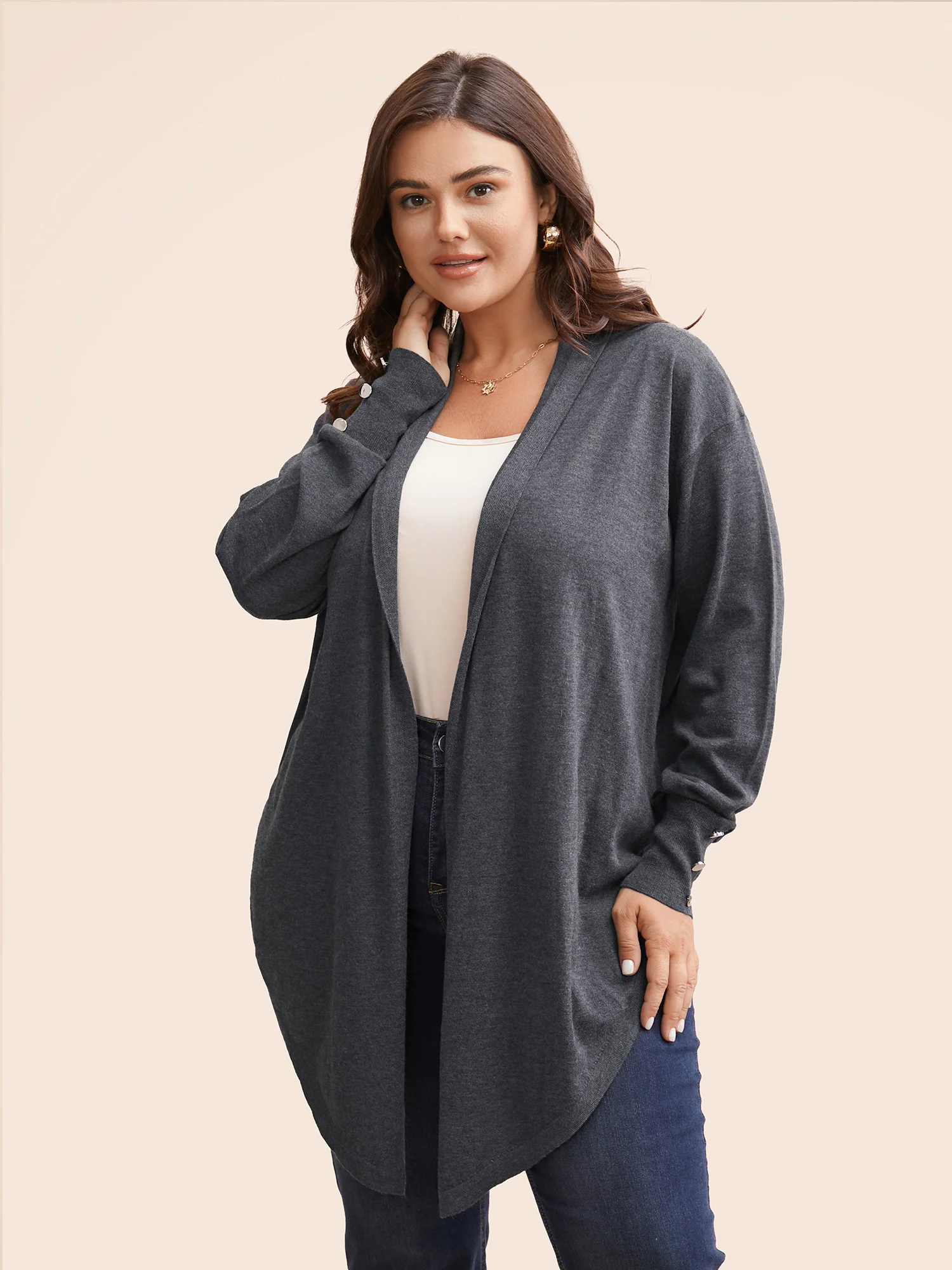 Kimono Collar Button Detail Asymmetrical Hem Cardigan - Image 4