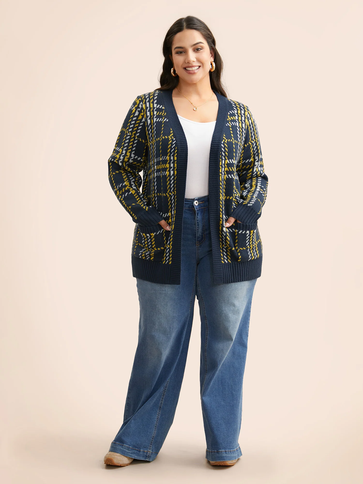 Kimono Collar Plaid Pocket Cardigan - Image 2