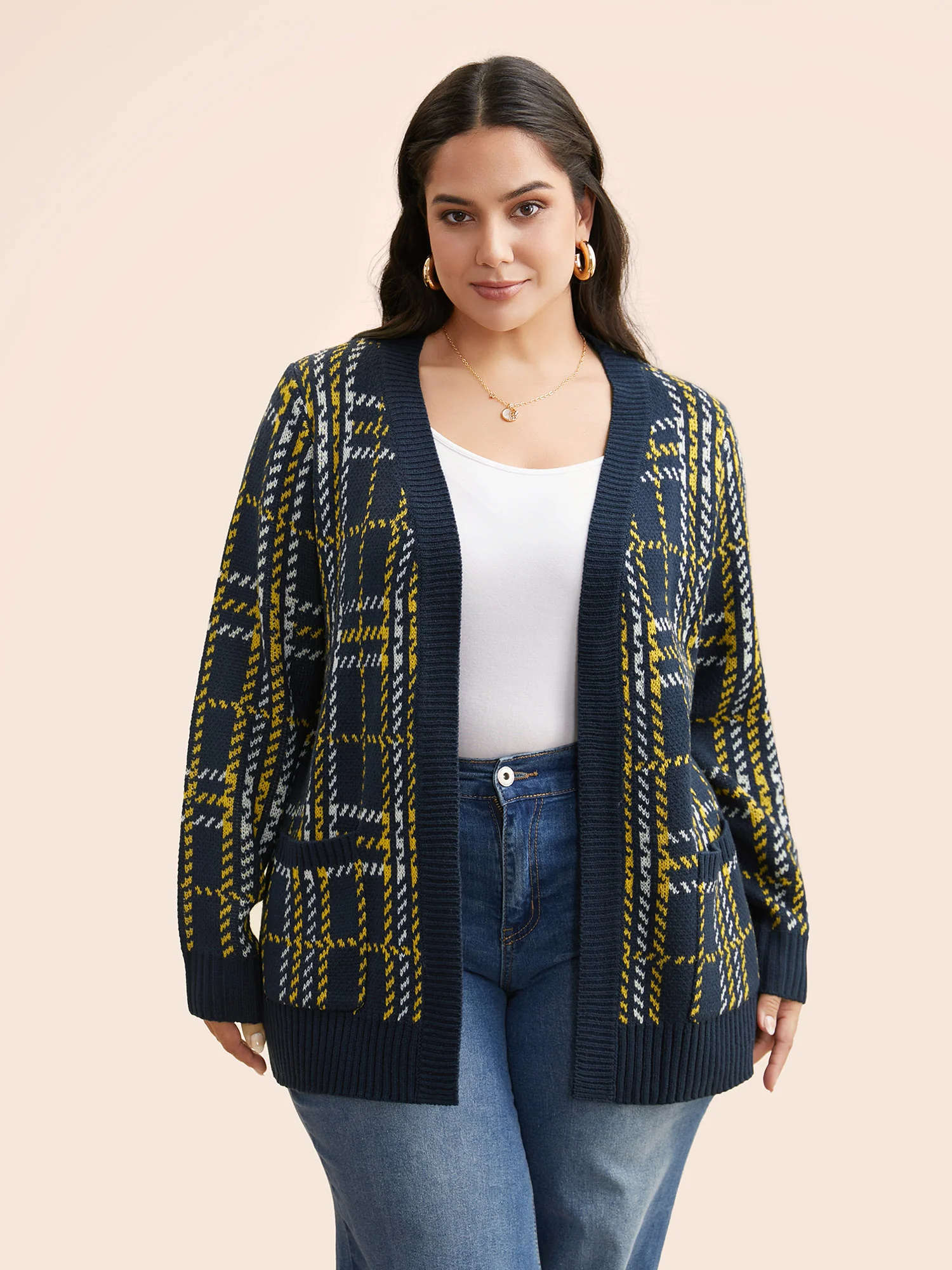 Kimono Collar Plaid Pocket Cardigan - Image 3