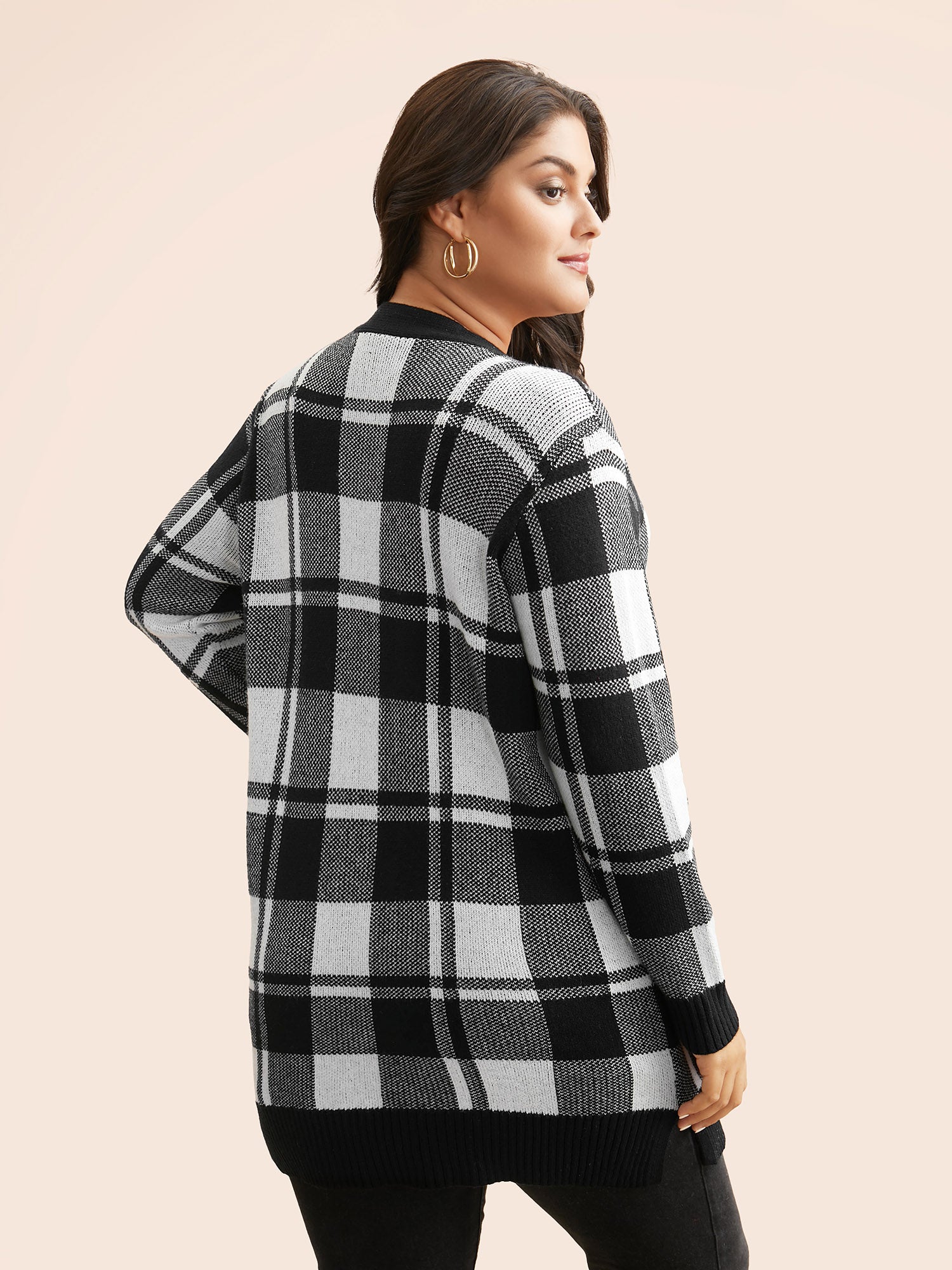 Kimono Collar Plaid Slit Hem Cardigan - Image 2