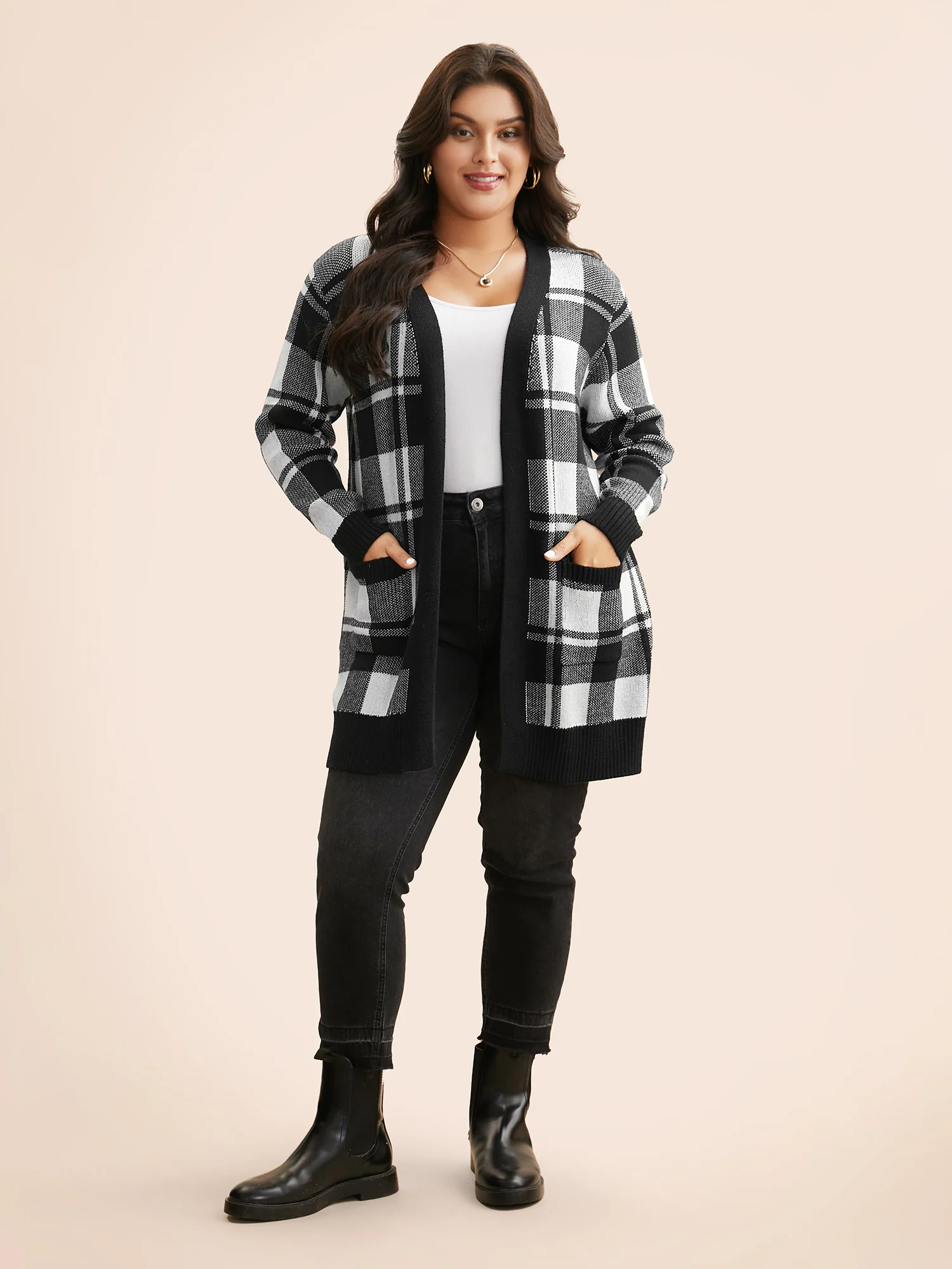 Kimono Collar Plaid Slit Hem Cardigan - Image 3