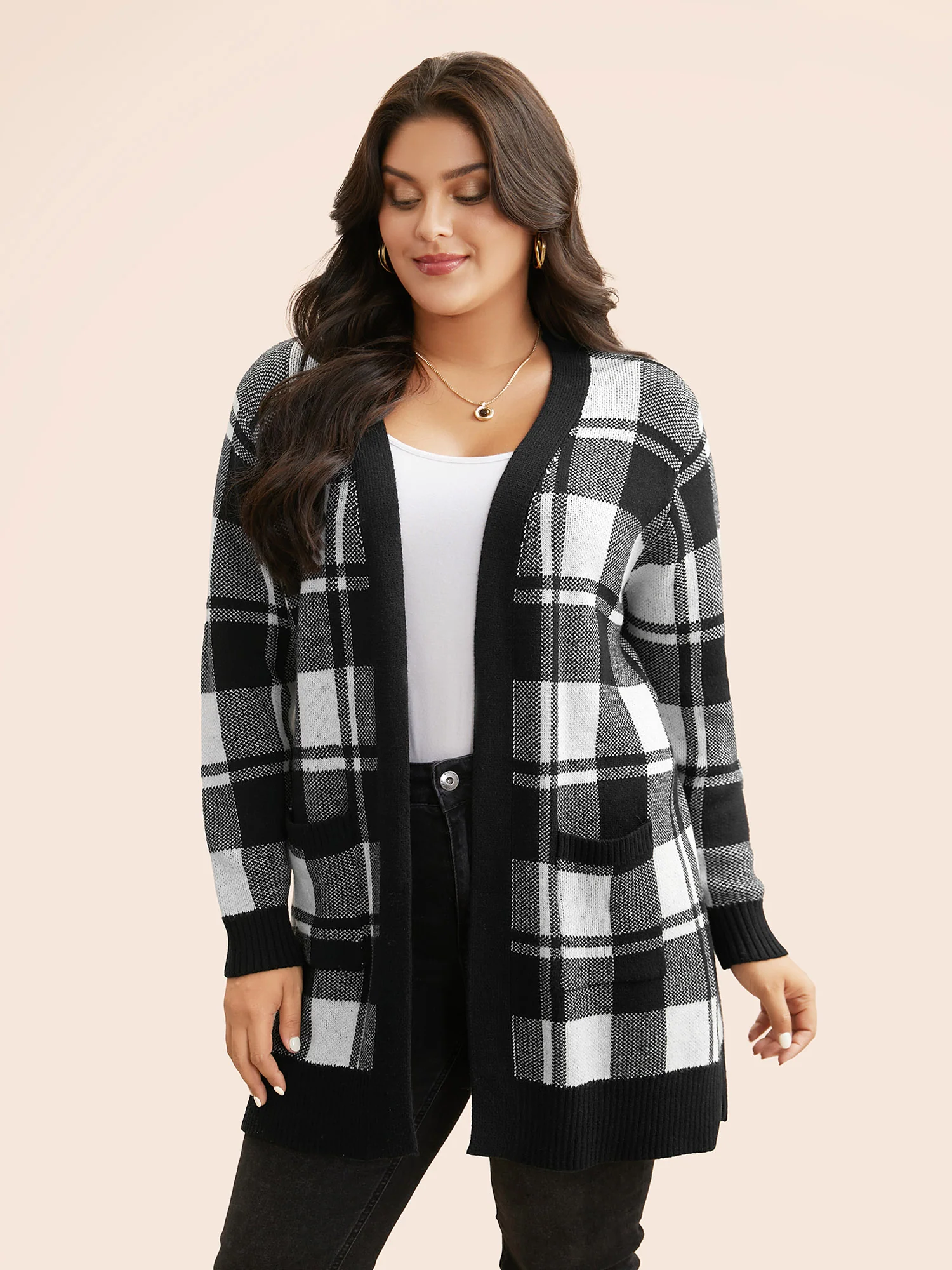 Kimono Collar Plaid Slit Hem Cardigan - Image 4