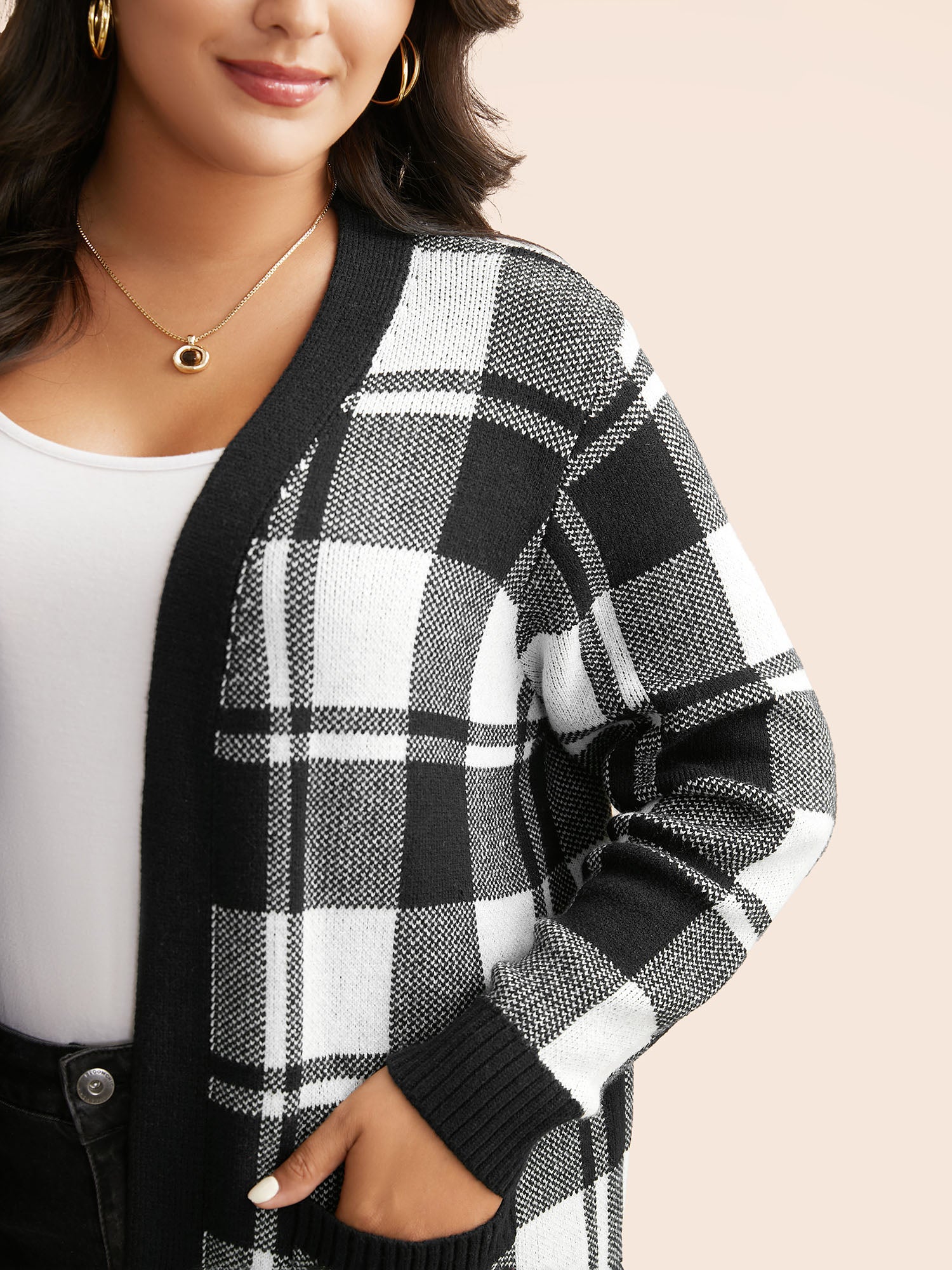 Kimono Collar Plaid Slit Hem Cardigan - Image 5