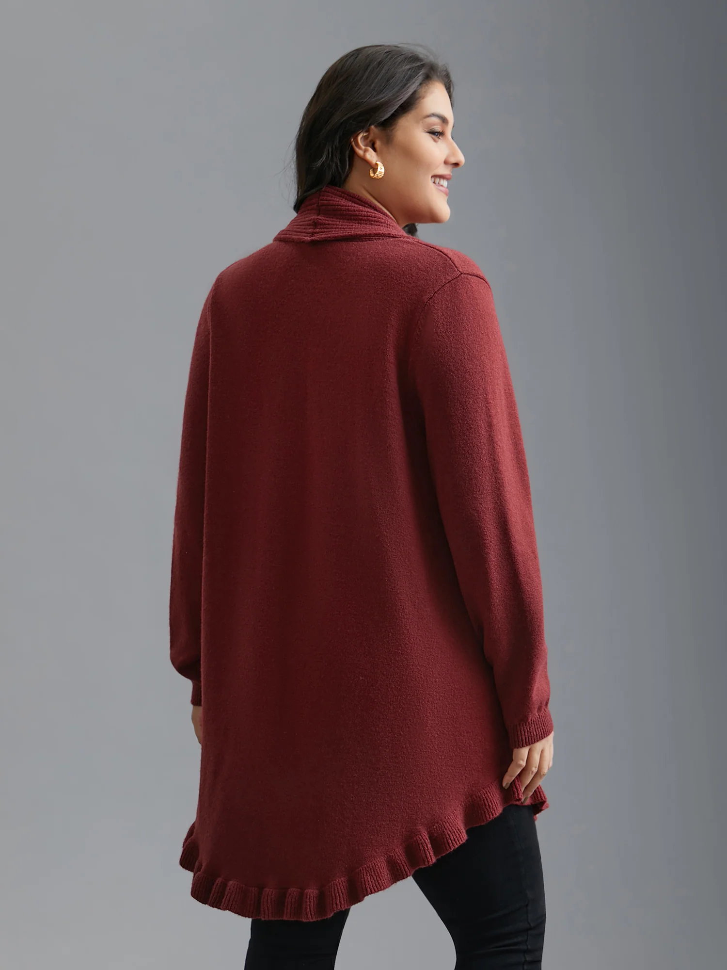 Kimono Collar Texture Knit Ruffle Hem Cardigan - Image 2