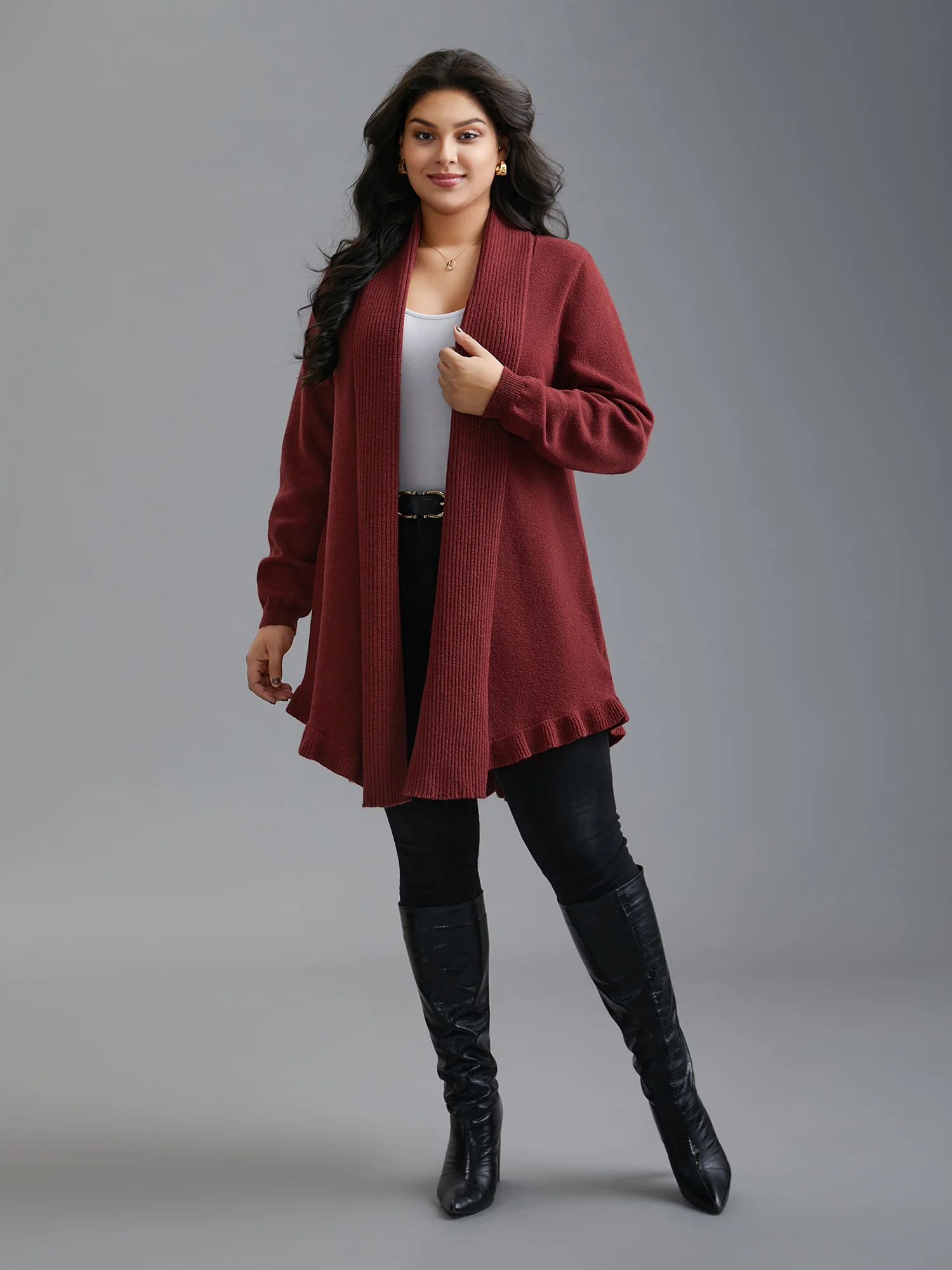 Kimono Collar Texture Knit Ruffle Hem Cardigan - Image 3