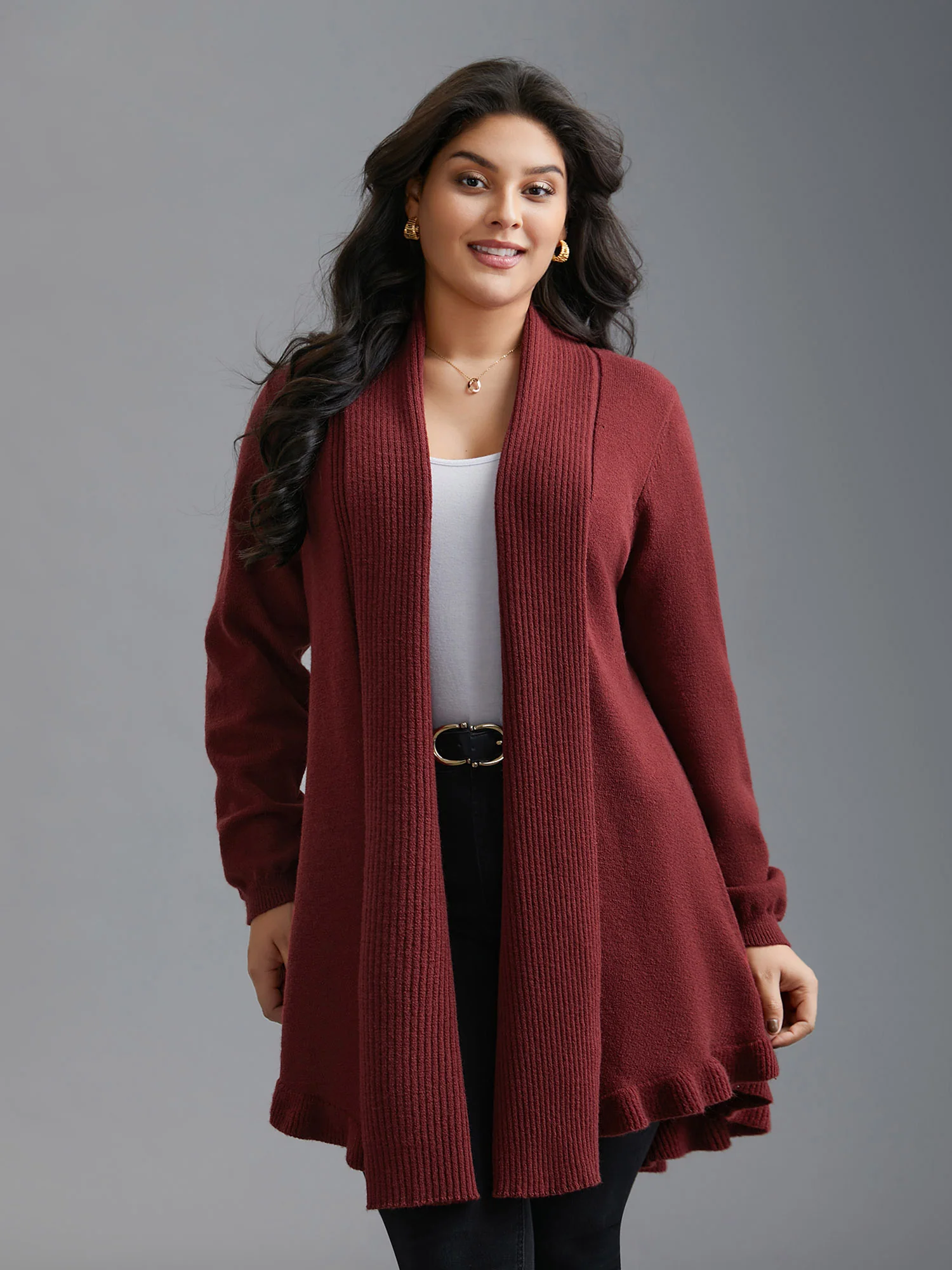 Kimono Collar Texture Knit Ruffle Hem Cardigan - Image 4