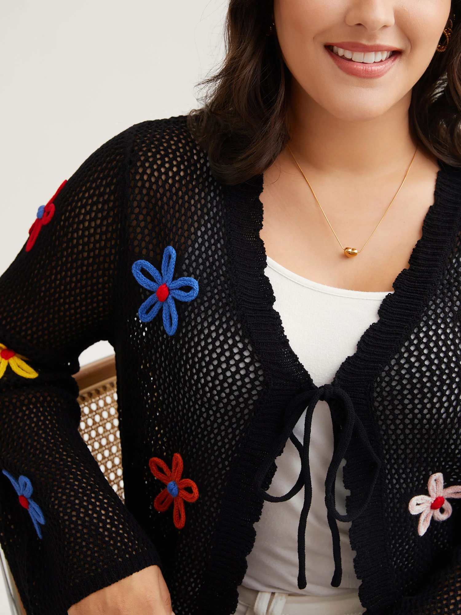 Knit Floral Front Tie Cardigan - Image 2