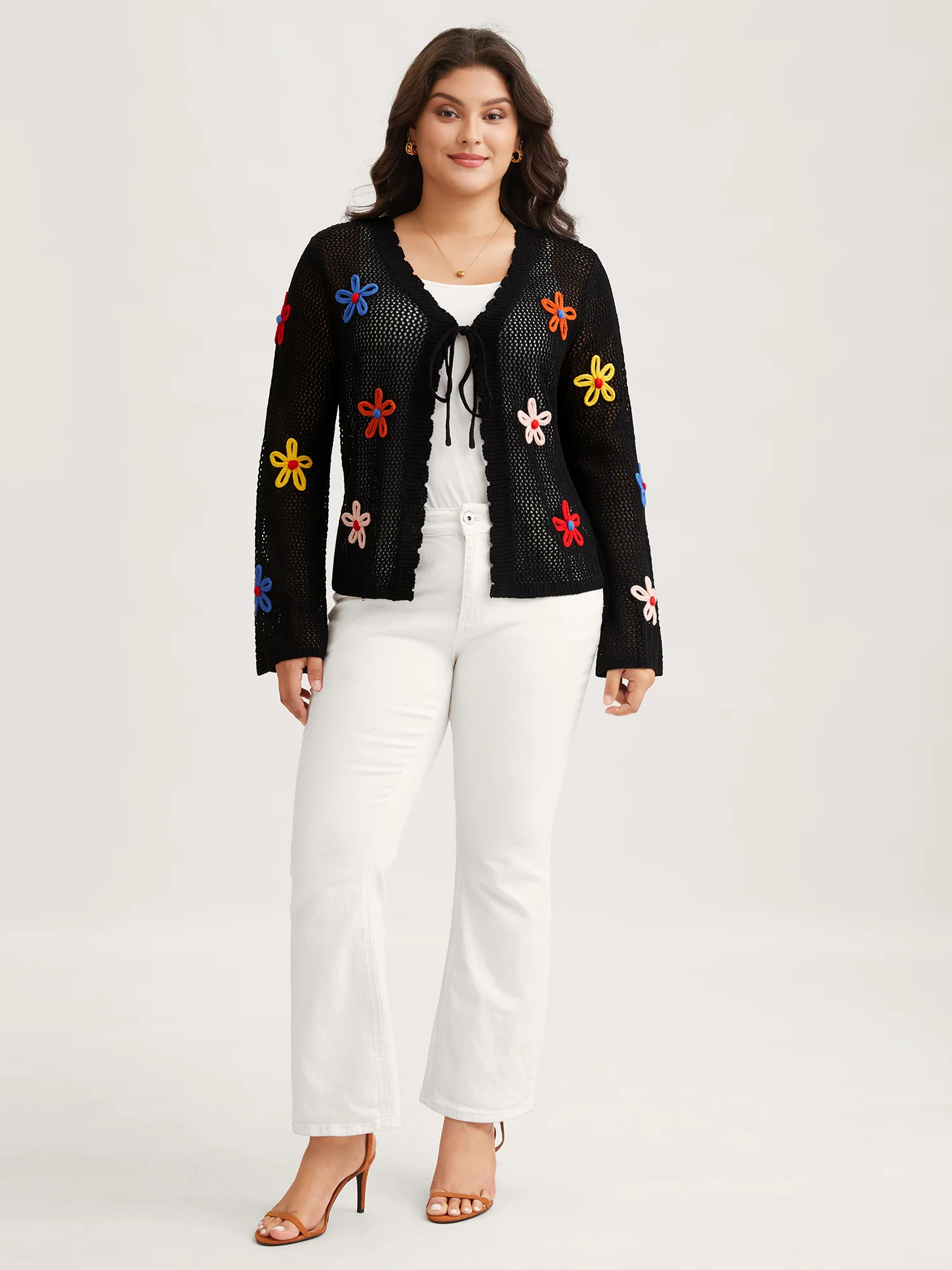 Knit Floral Front Tie Cardigan - Image 3
