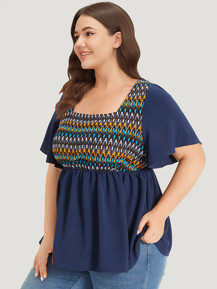 Knit Patchwork Gathered Flutter Sleeve Blouse - Image 2