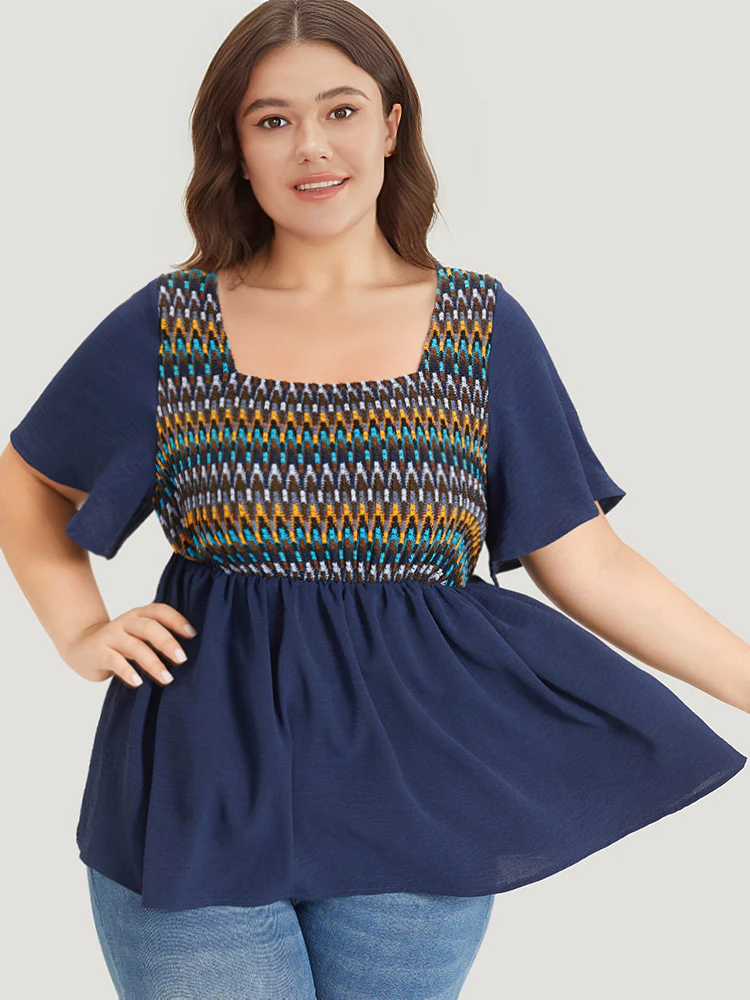 Knit Patchwork Gathered Flutter Sleeve Blouse - Image 3