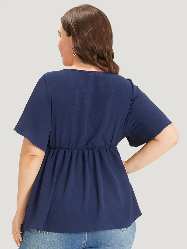 Knit Patchwork Gathered Flutter Sleeve Blouse - Image 4