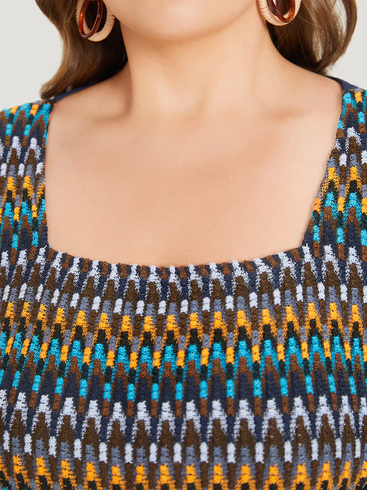 Knit Patchwork Gathered Flutter Sleeve Blouse - Image 5
