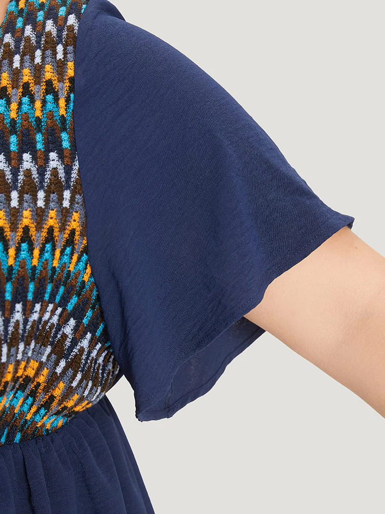Knit Patchwork Gathered Flutter Sleeve Blouse - Image 6