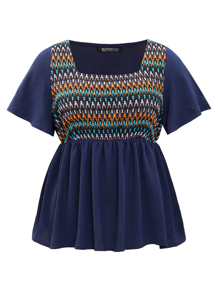 Knit Patchwork Gathered Flutter Sleeve Blouse - Image 8