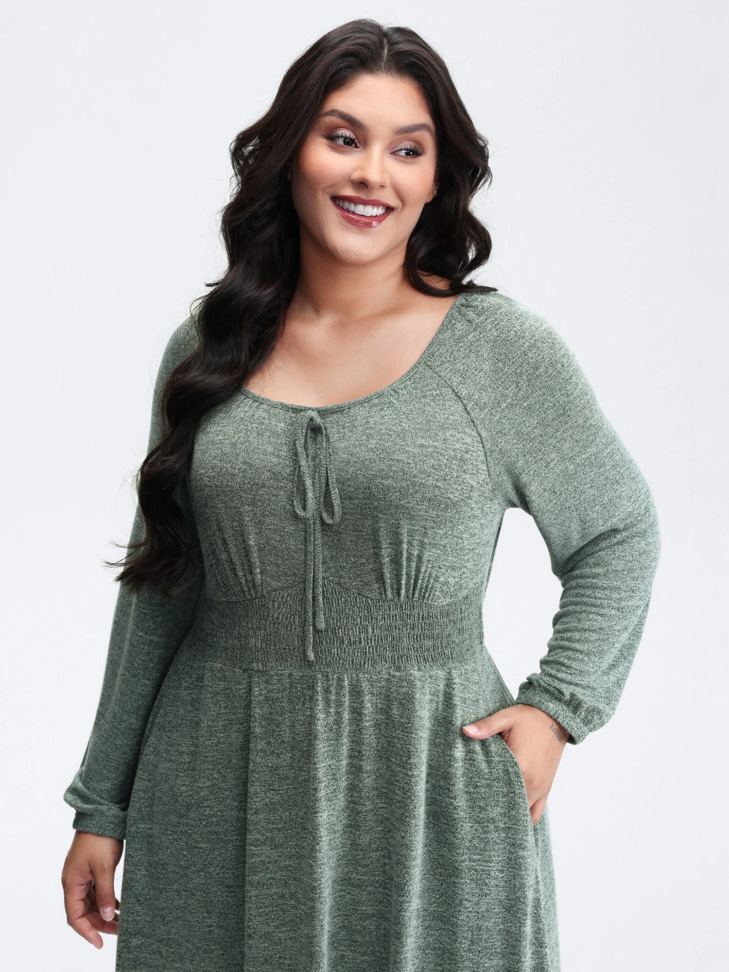 Knit Textured Stretchy Shirred Knee-Length Dress - Image 2