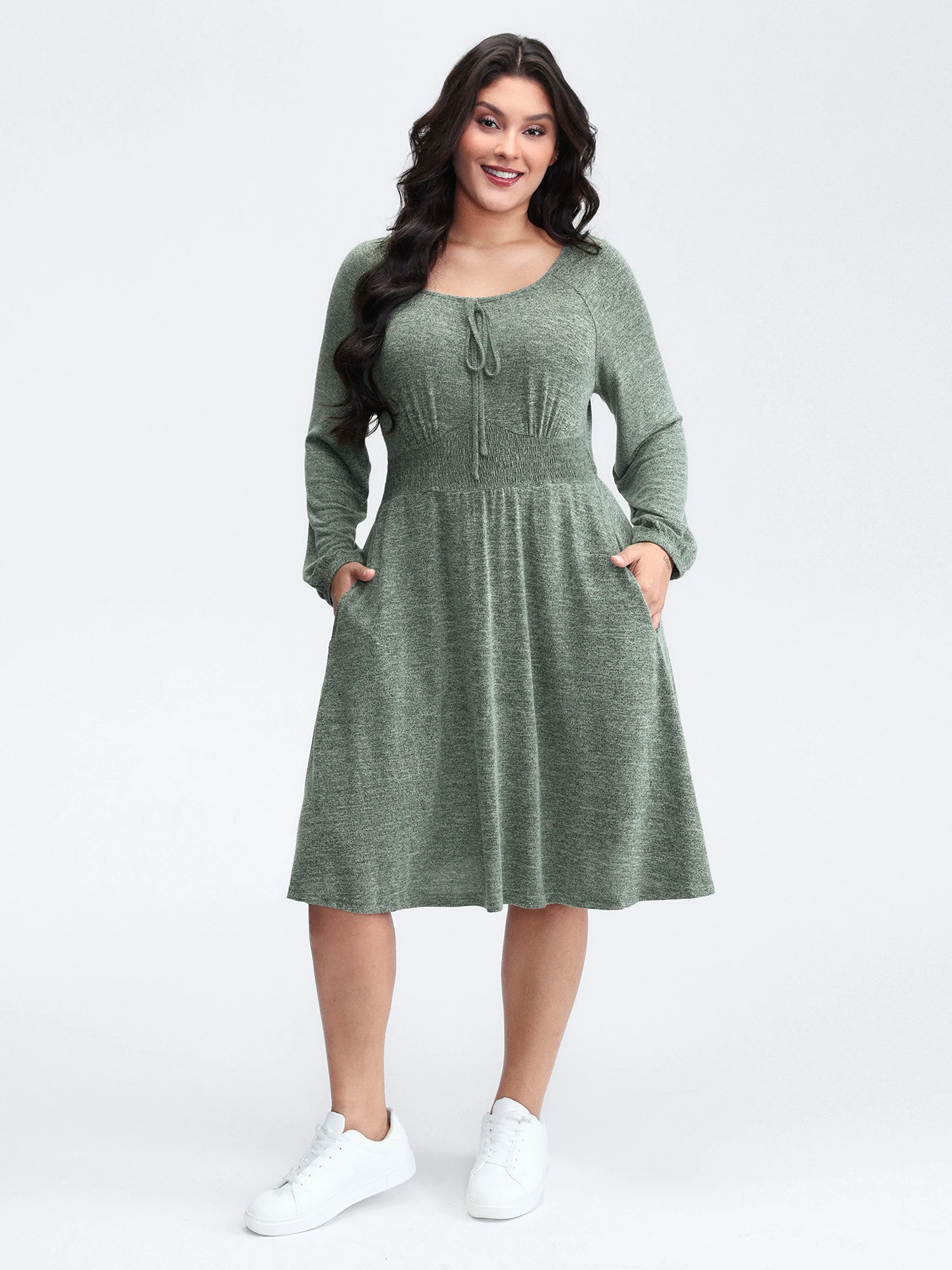 Knit Textured Stretchy Shirred Knee-Length Dress - Image 3