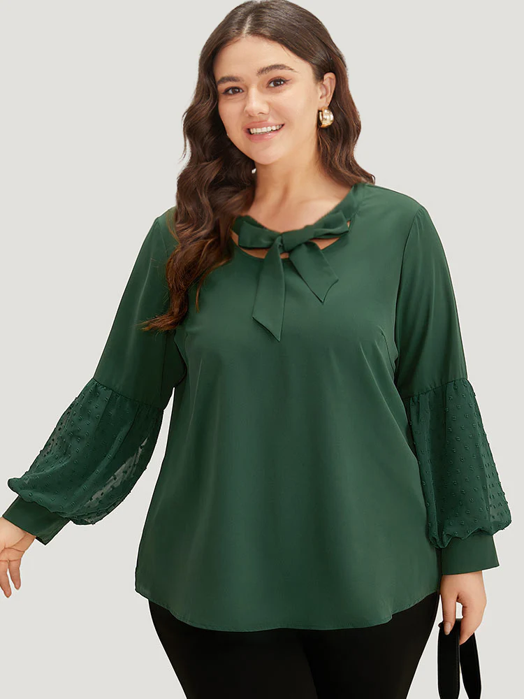 Knot Neck Lace Patchwork Lantern Sleeve Blouse