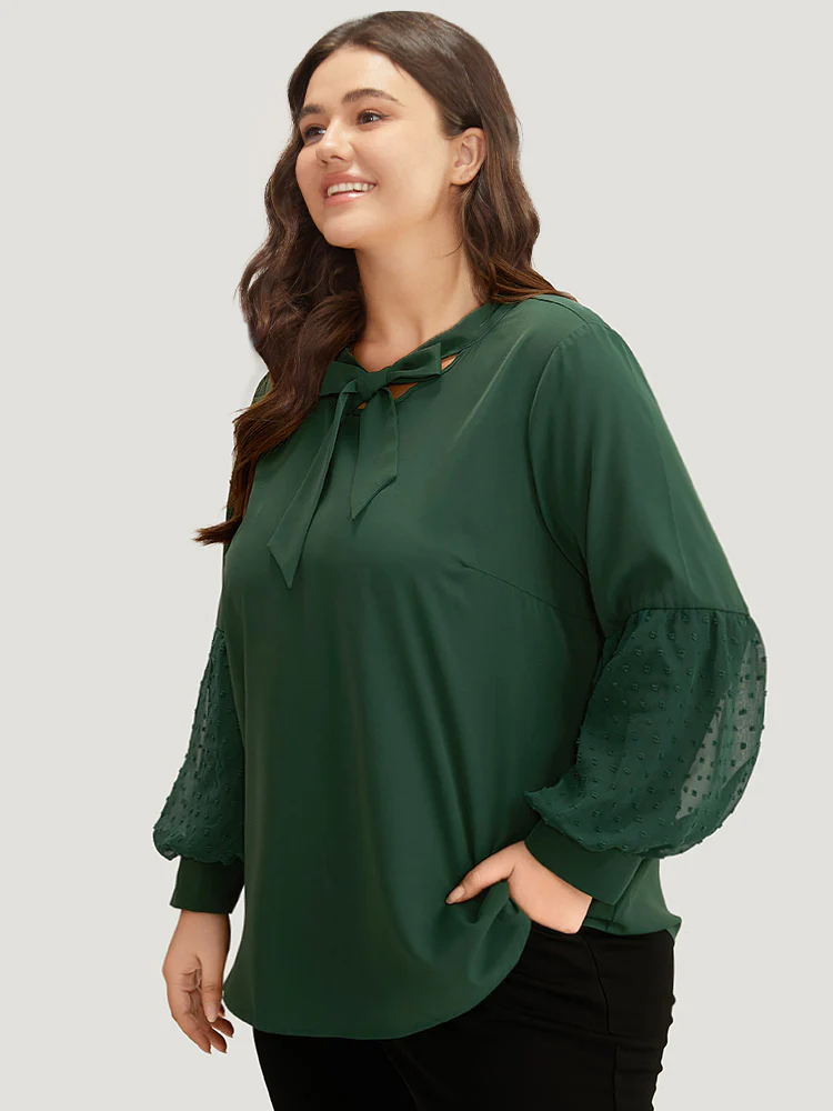 Knot Neck Lace Patchwork Lantern Sleeve Blouse - Image 2