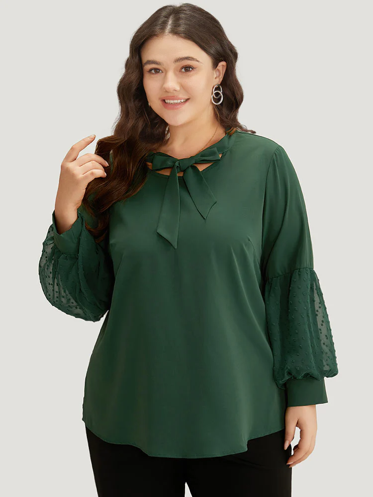 Knot Neck Lace Patchwork Lantern Sleeve Blouse - Image 3