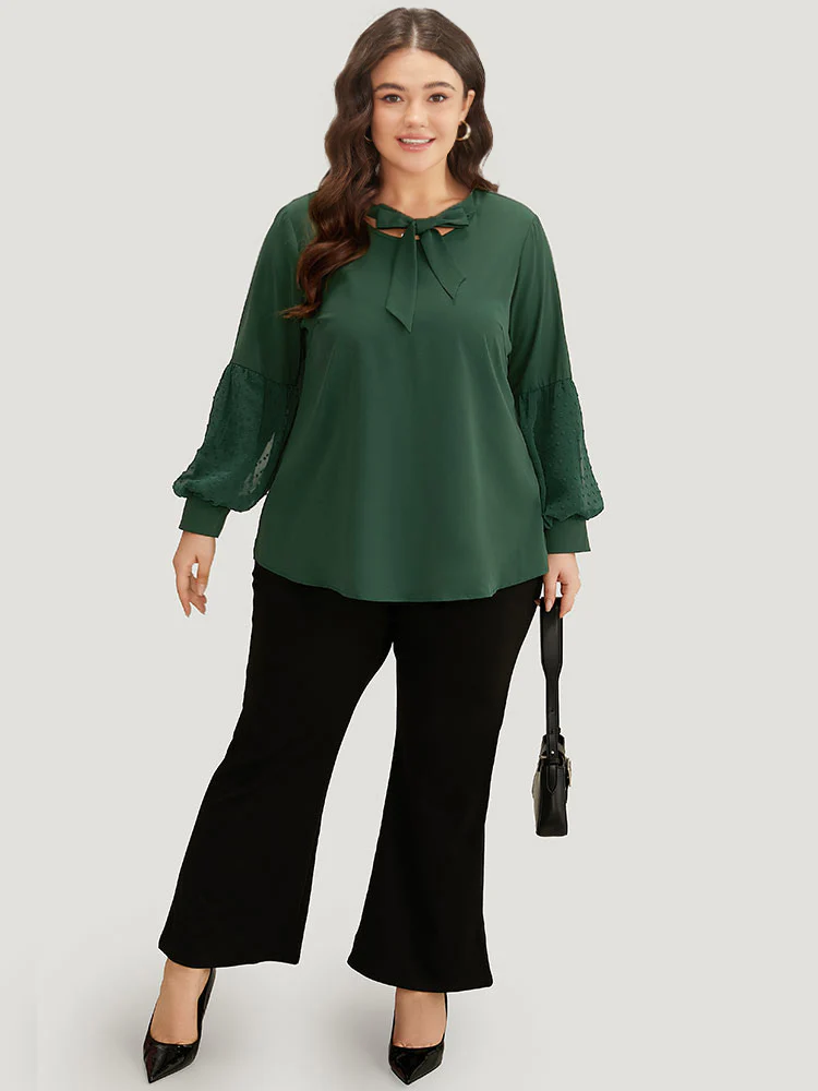 Knot Neck Lace Patchwork Lantern Sleeve Blouse - Image 4