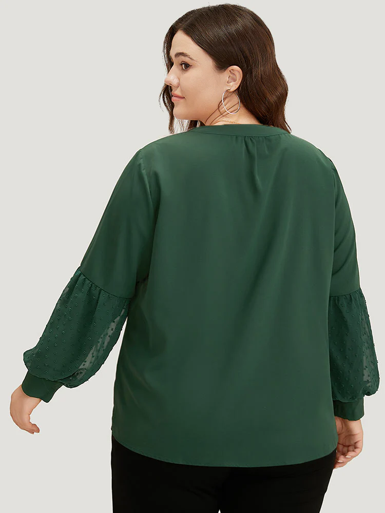 Knot Neck Lace Patchwork Lantern Sleeve Blouse - Image 5