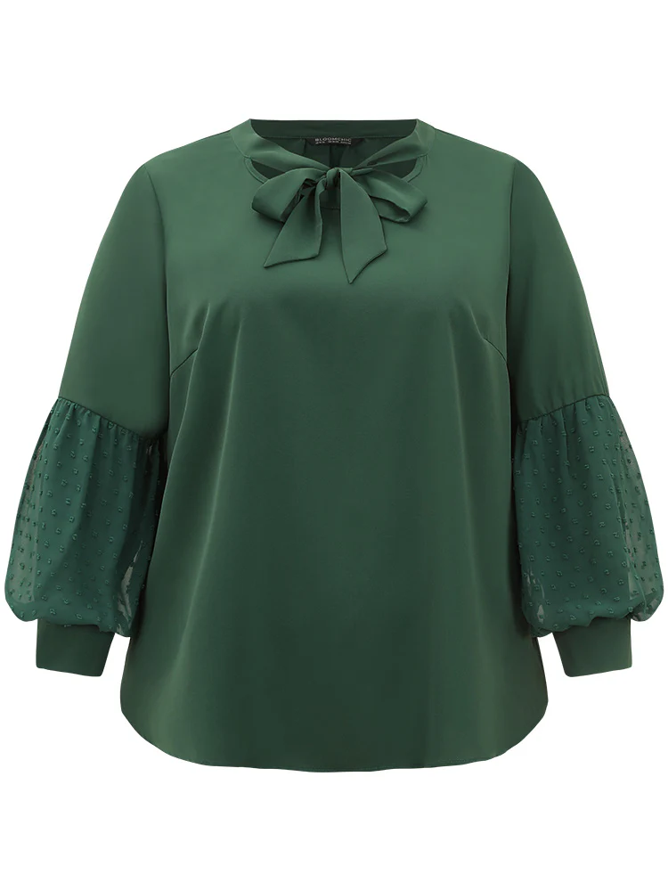 Knot Neck Lace Patchwork Lantern Sleeve Blouse - Image 7