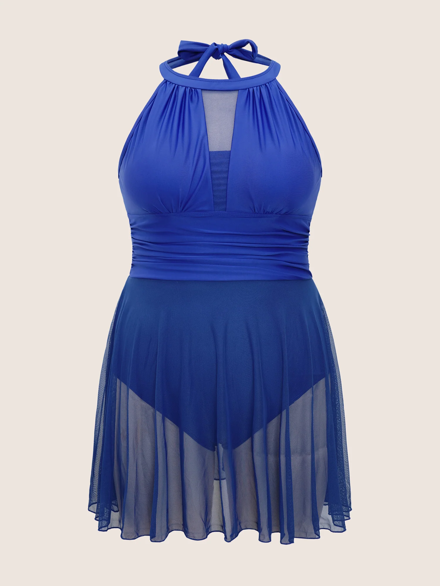 Knotted Back Mesh Insert Halter Swim Dress - Image 13
