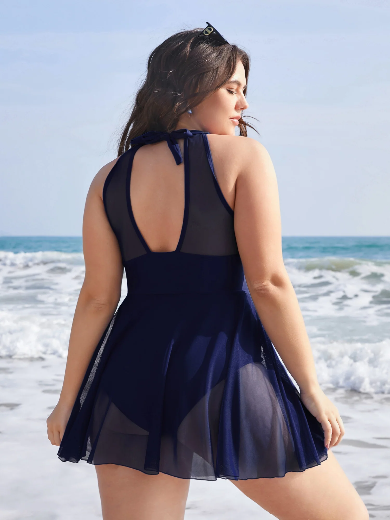 Knotted Back Mesh Insert Halter Swim Dress - Image 15