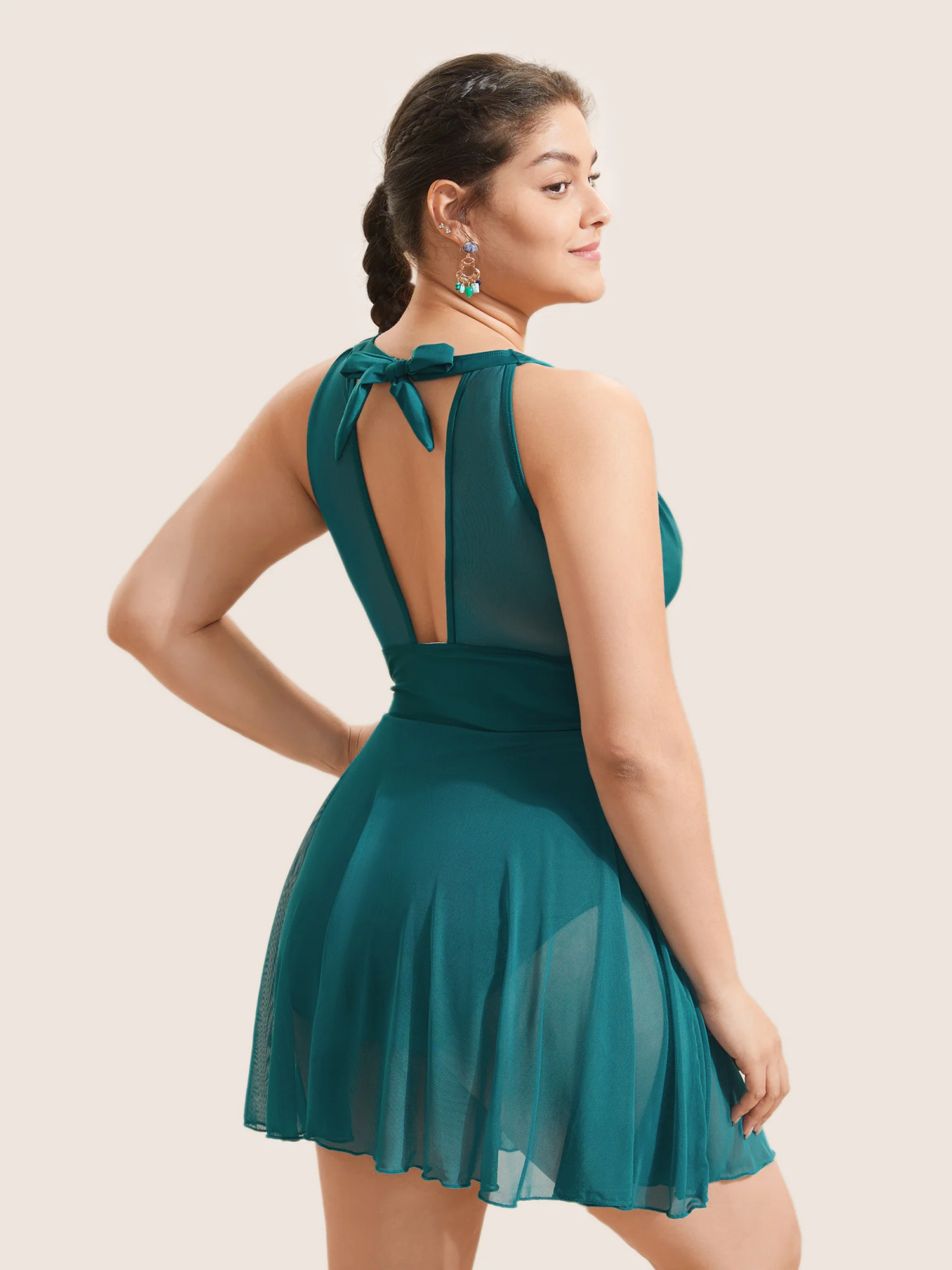 Knotted Back Mesh Insert Halter Swim Dress - Image 2