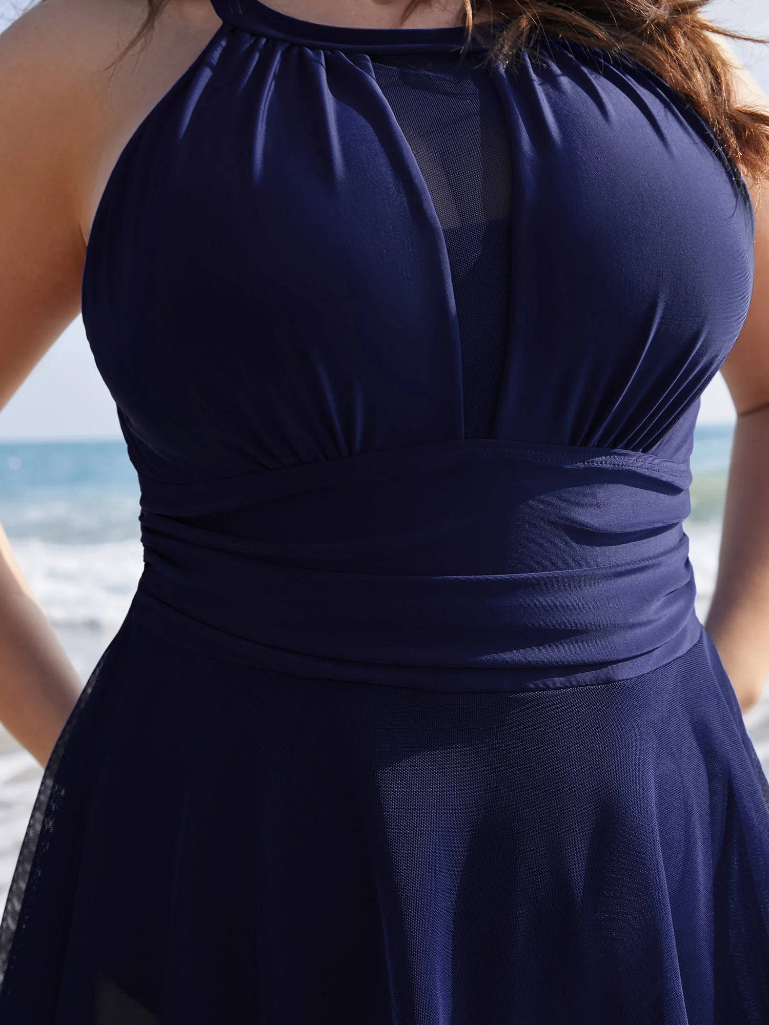 Knotted Back Mesh Insert Halter Swim Dress - Image 20