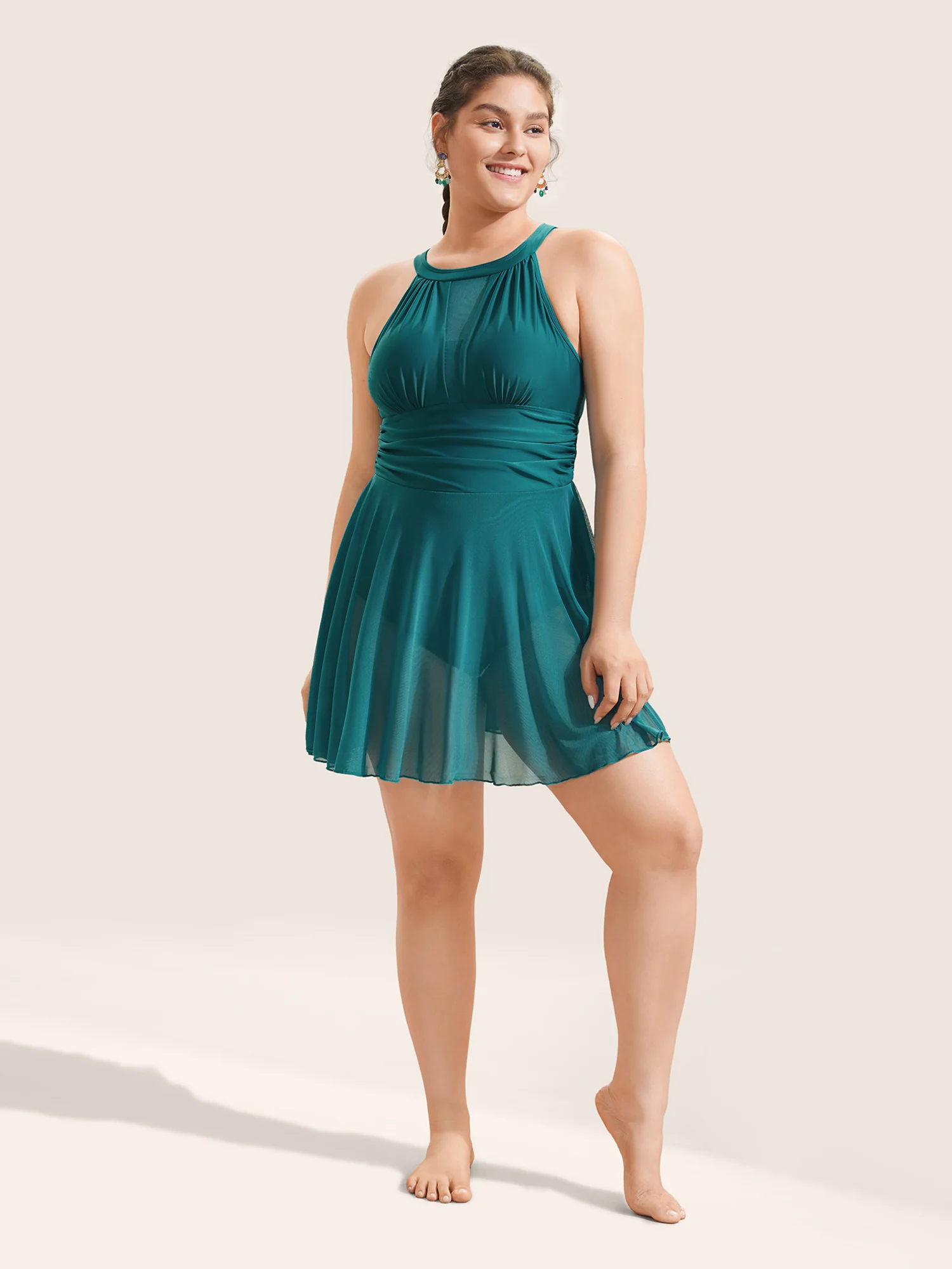 Knotted Back Mesh Insert Halter Swim Dress - Image 3