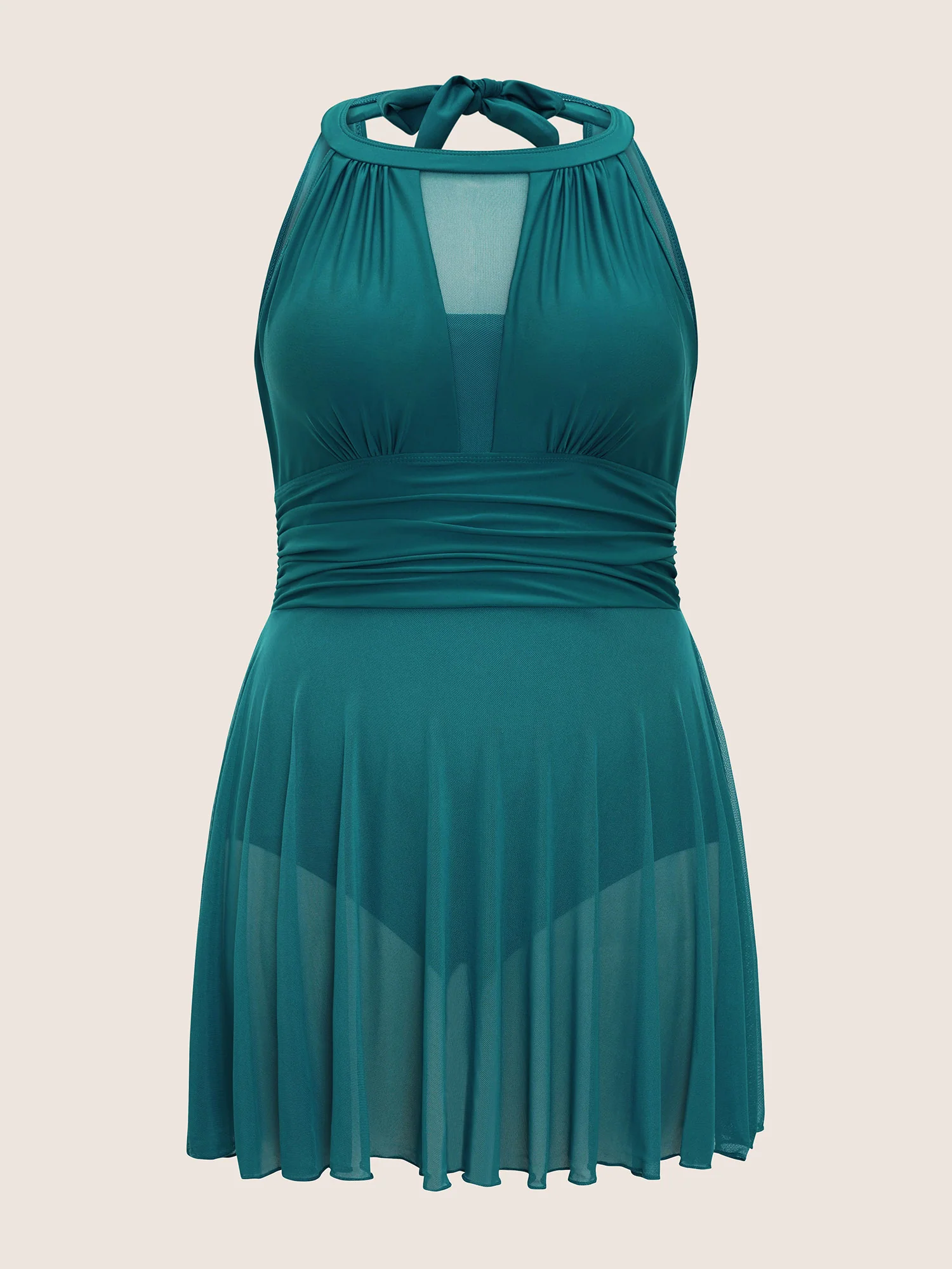 Knotted Back Mesh Insert Halter Swim Dress - Image 6