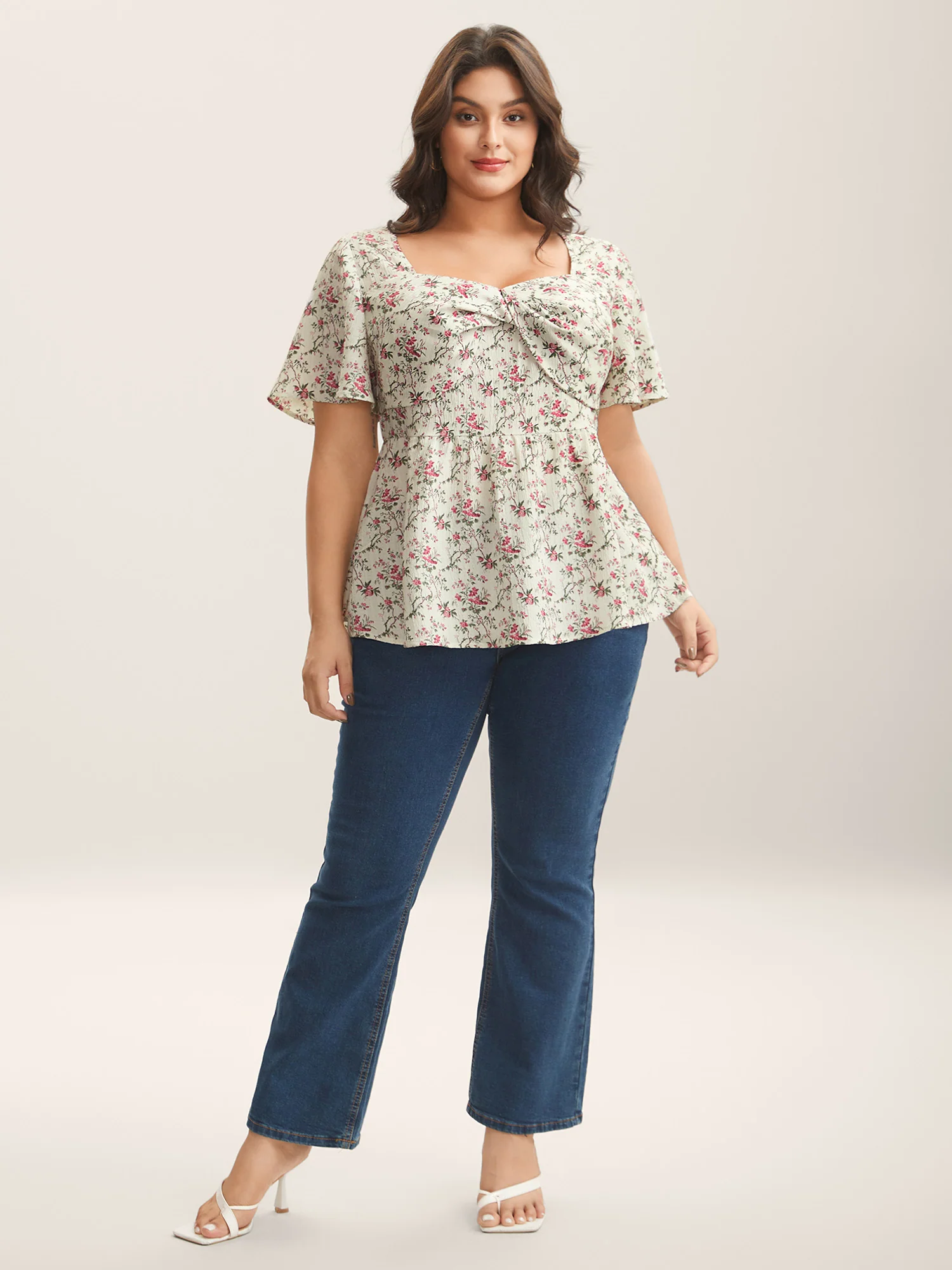 Knotted Floral Print Flared Sleeve Blouse - Image 3
