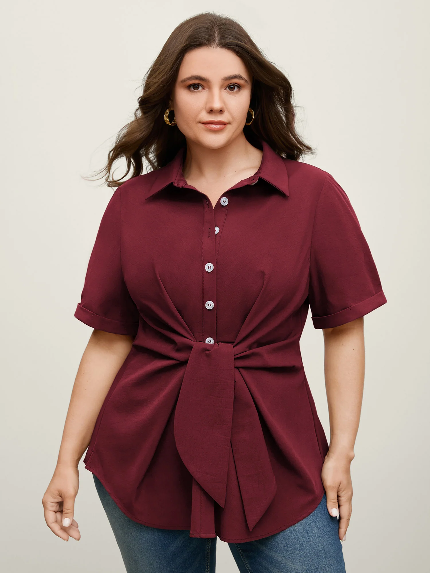 Knotted Front Asymmetrical Hem Blouse - Image 27