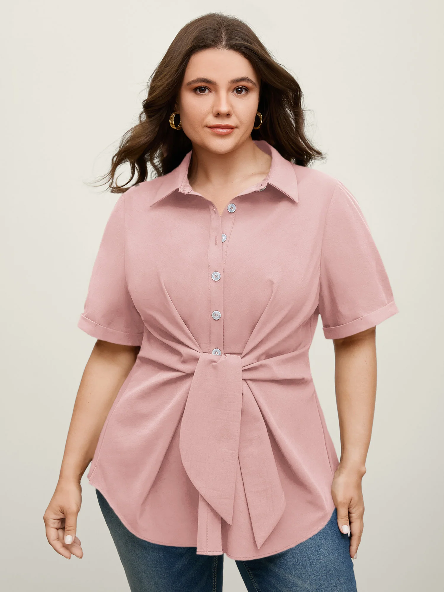 Knotted Front Asymmetrical Hem Blouse - Image 37