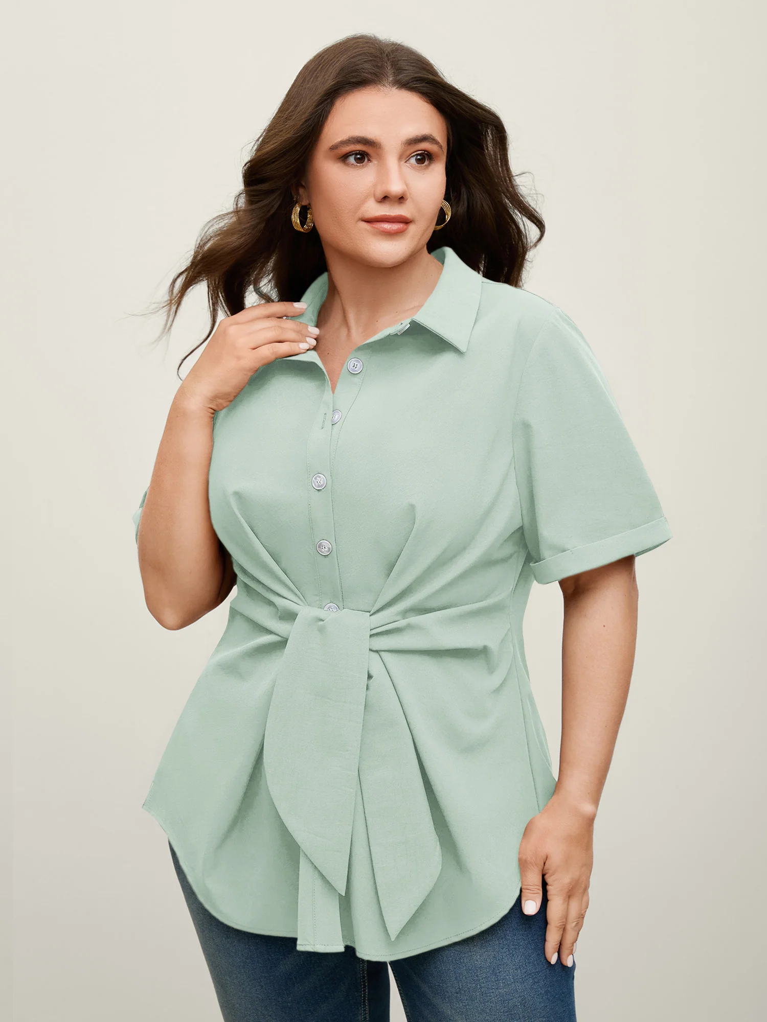 Knotted Front Asymmetrical Hem Blouse - Image 39