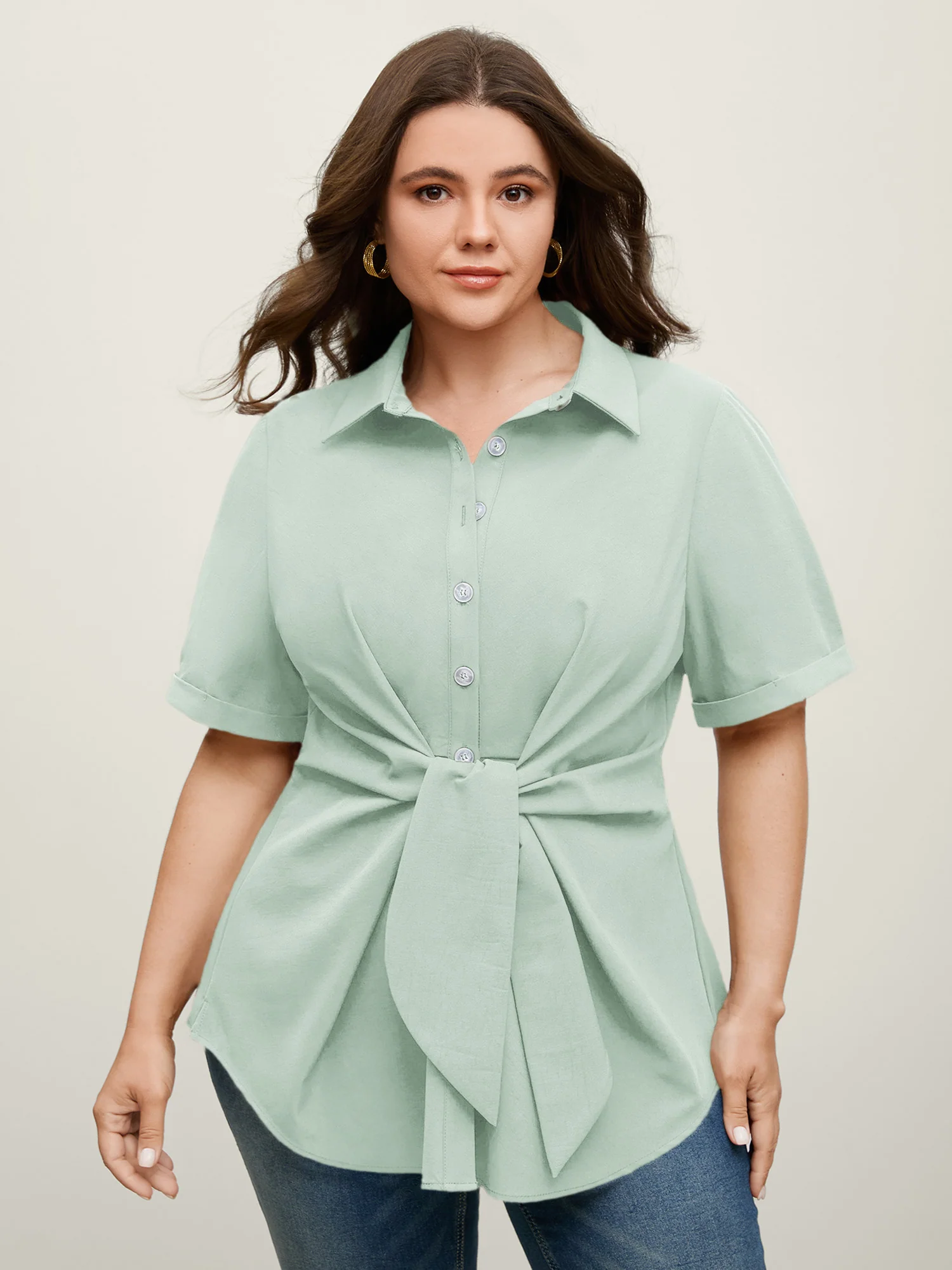 Knotted Front Asymmetrical Hem Blouse - Image 42