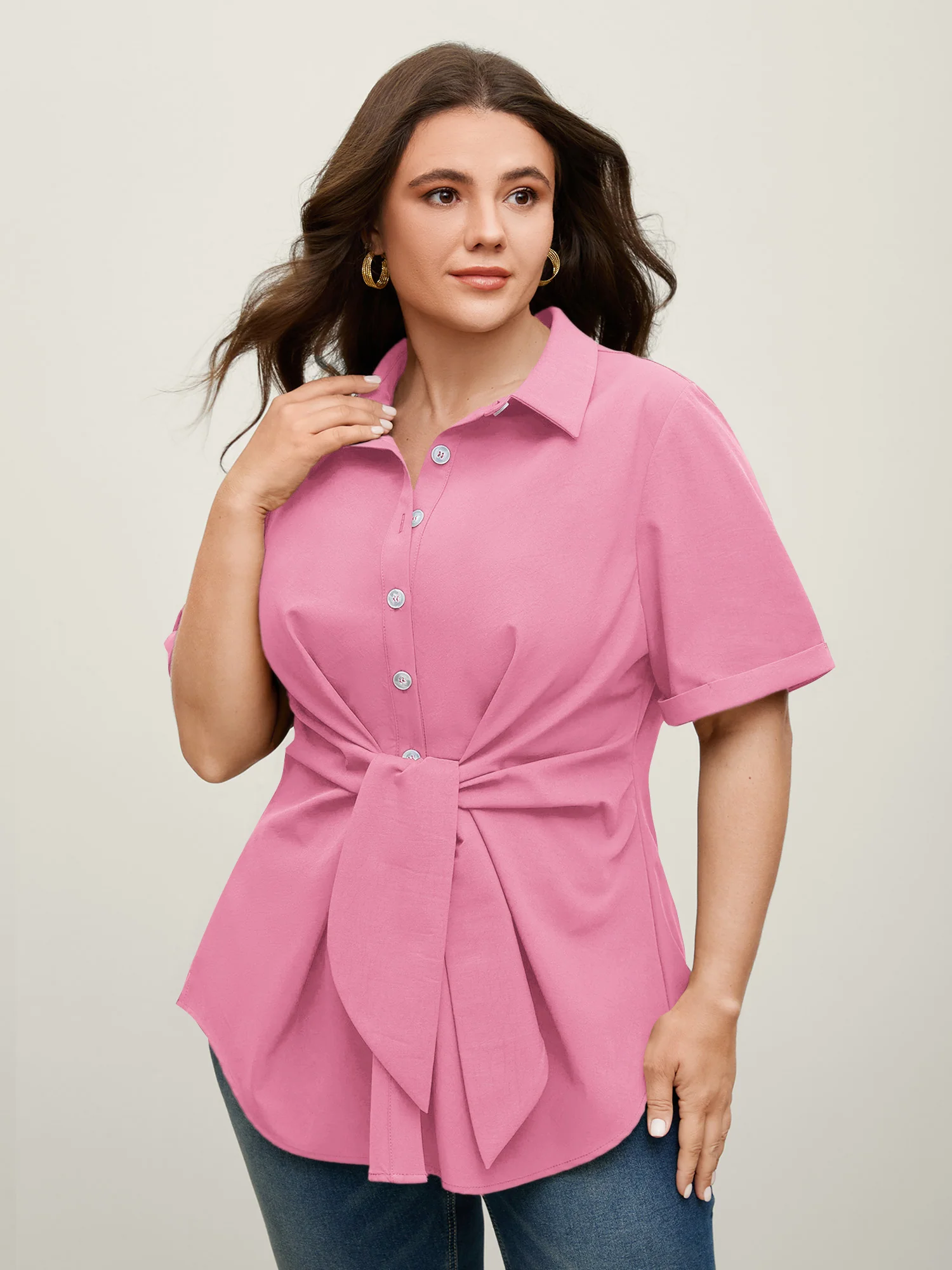 Knotted Front Asymmetrical Hem Blouse - Image 44