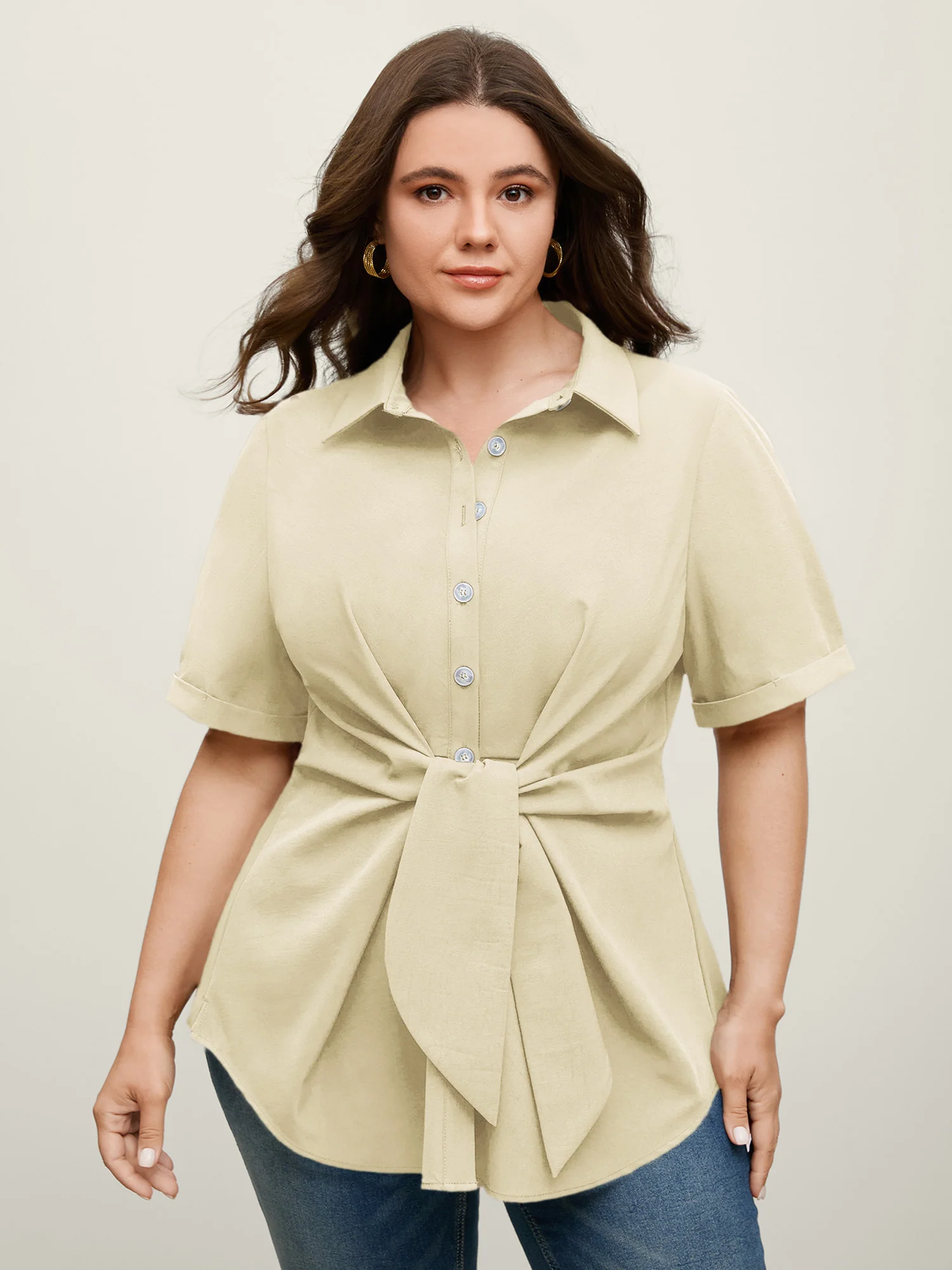 Knotted Front Asymmetrical Hem Blouse - Image 52