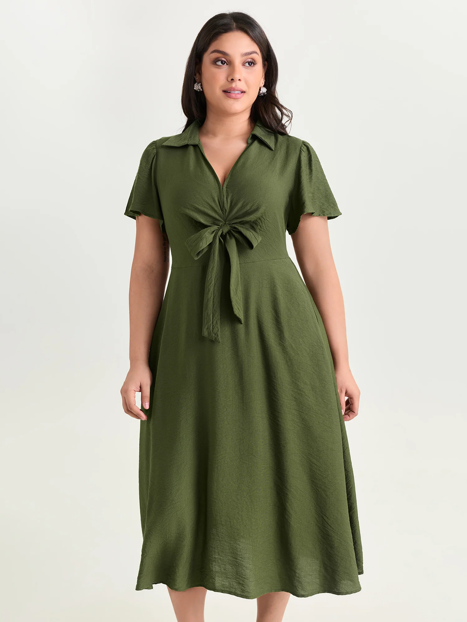 Knotted Front Collar Plain Midi Dress