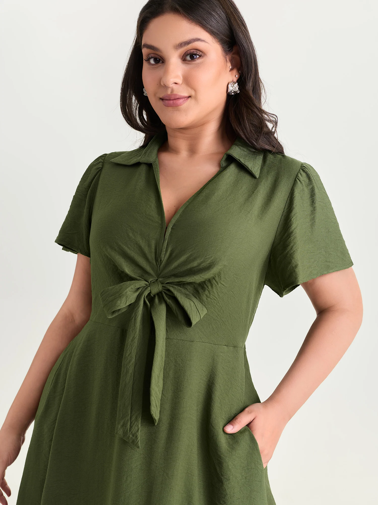 Knotted Front Collar Plain Midi Dress - Image 2