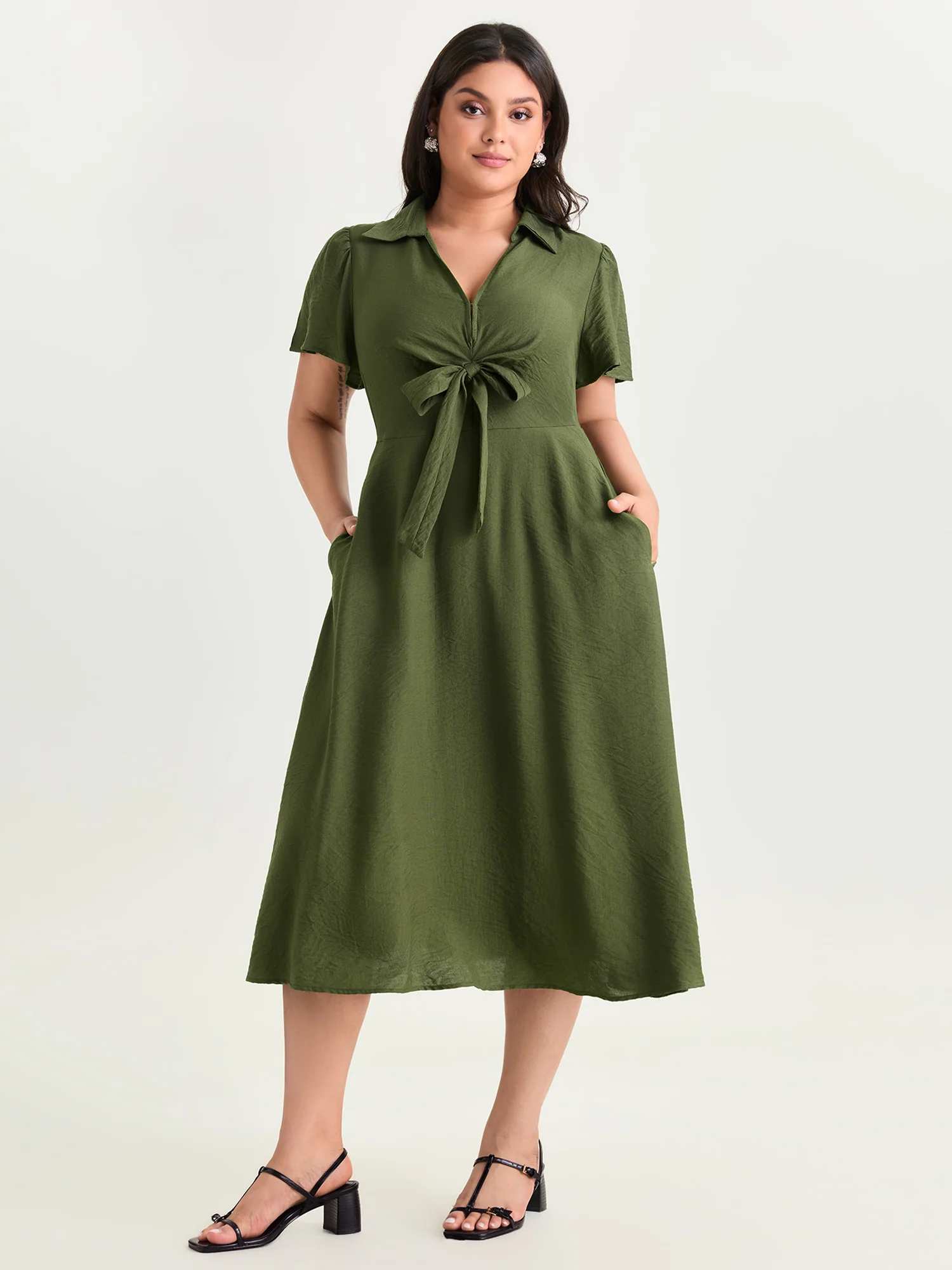 Knotted Front Collar Plain Midi Dress - Image 3