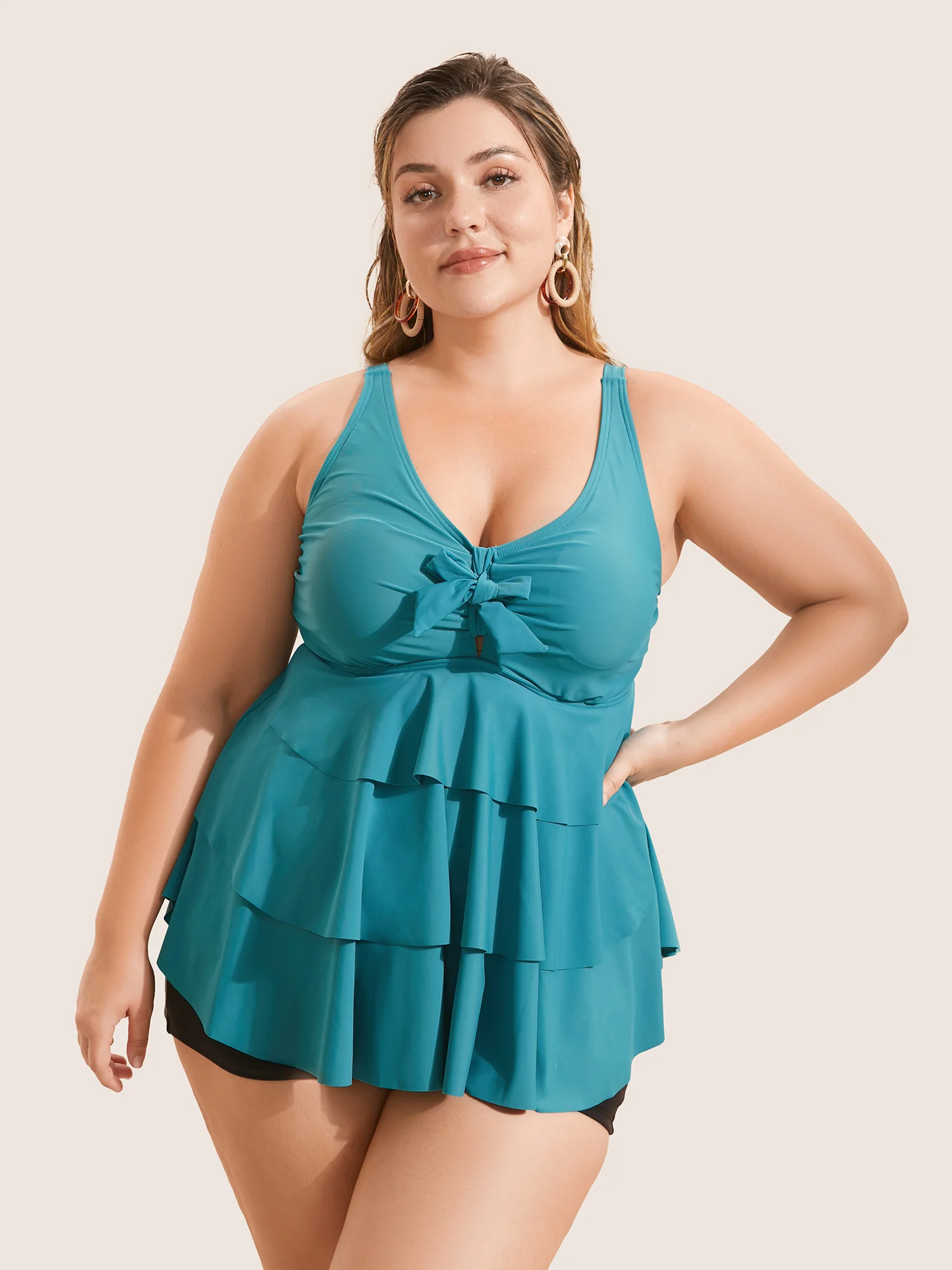 Knotted Front Ruffle Tiered Tankini Top - Image 17