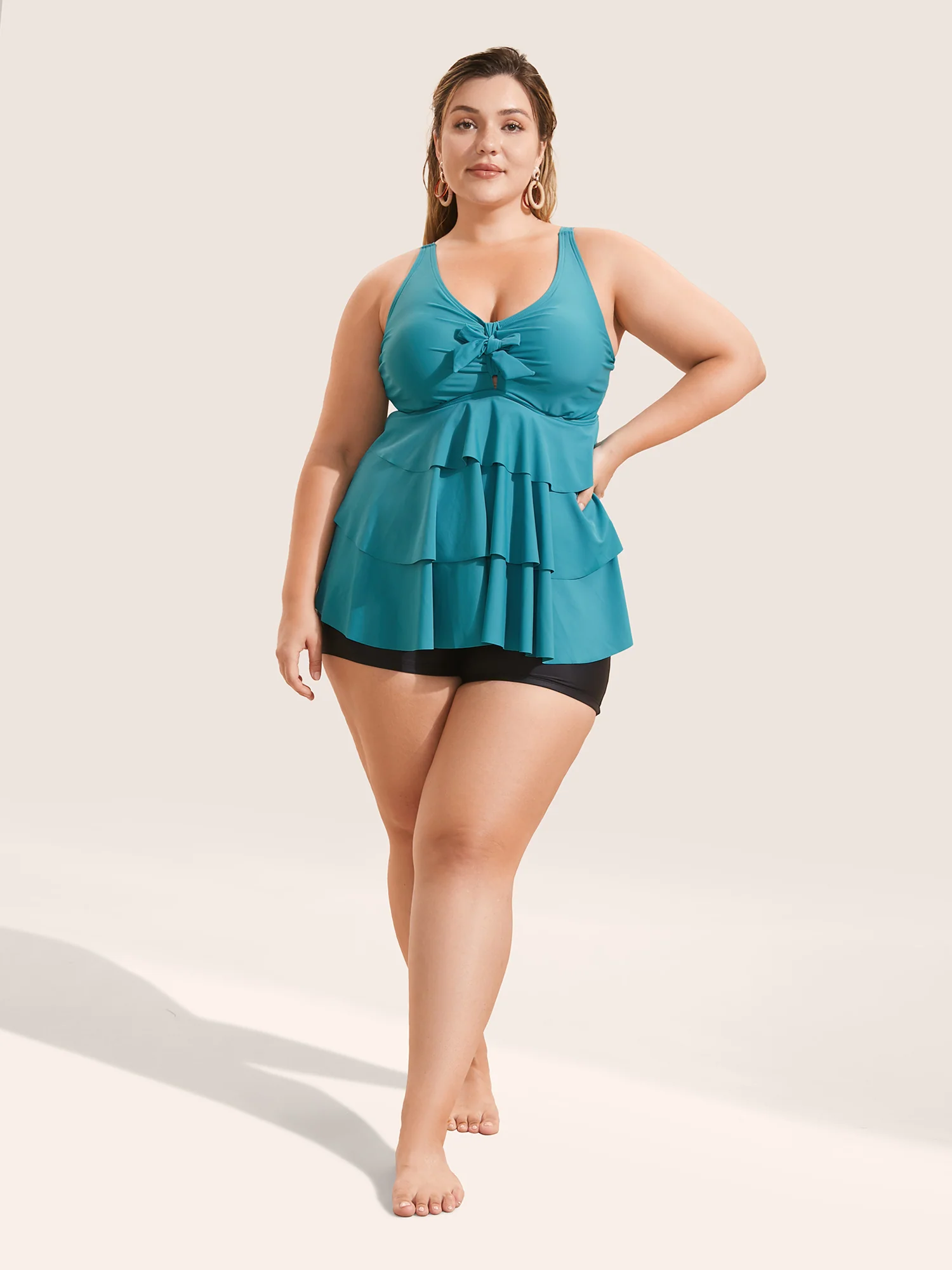 Knotted Front Ruffle Tiered Tankini Top - Image 19